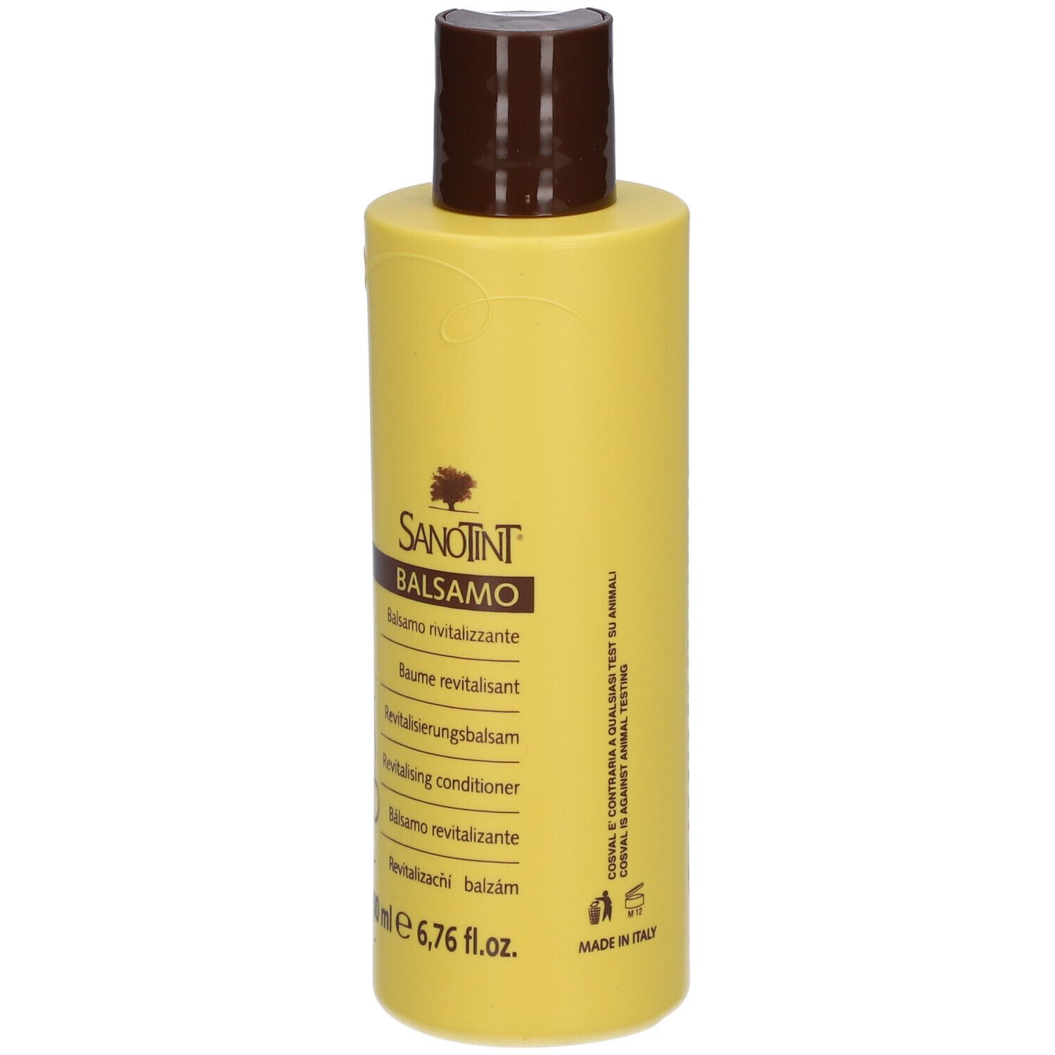 Flacon jaune, bouchon marron. SANOTINT Balsamo, Baume revitalisant. 200 ml.