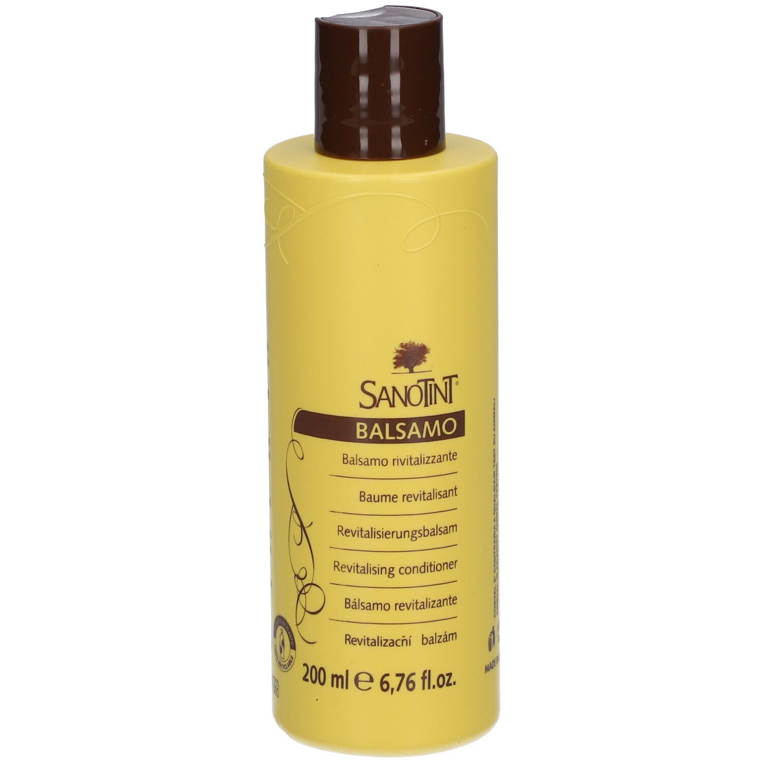 Flacon jaune, bouchon marron. SANOTINT Balsamo, Baume revitalisant. 200 ml.
