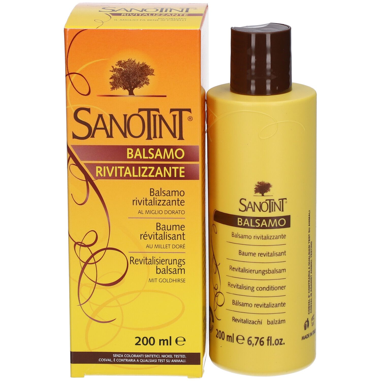 Flacon jaune et boîte. SANOTINT Balsamo, Baume revitalisant. 200 ml. Au millet doré.