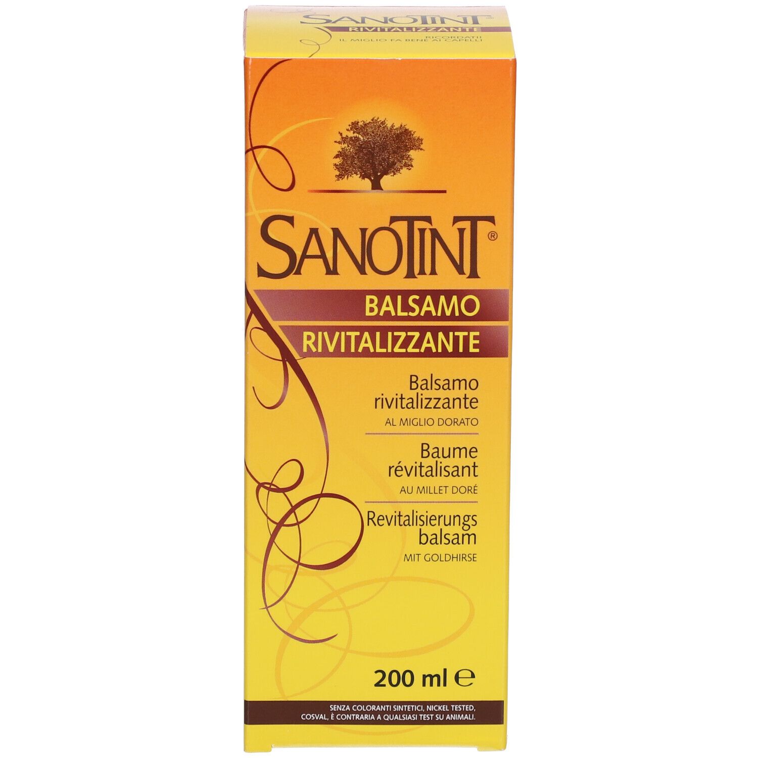 Boîte jaune. SANOTINT Balsamo, Baume revitalisant. 200 ml. Au millet doré.