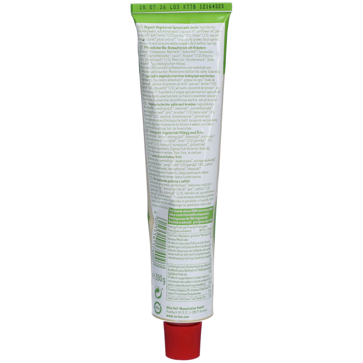 Rückseite der Tube mit Text. Zutatenliste, Nährwertangaben, Bio-Siegel, vegan und glutenfrei.