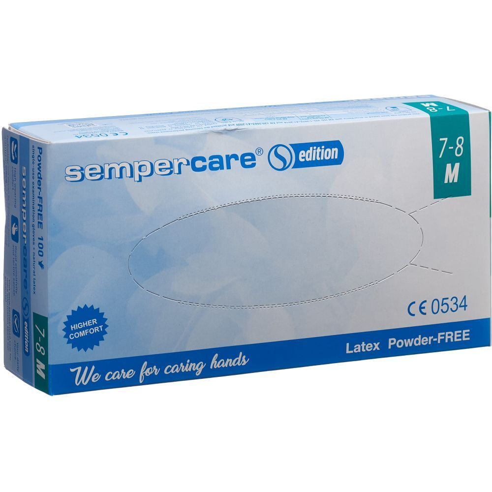 Boîte bleu et blanche de gants. Inscription : sempercare® Edition, Latex Powder-FREE, taille M 7-8. Marquage CE.