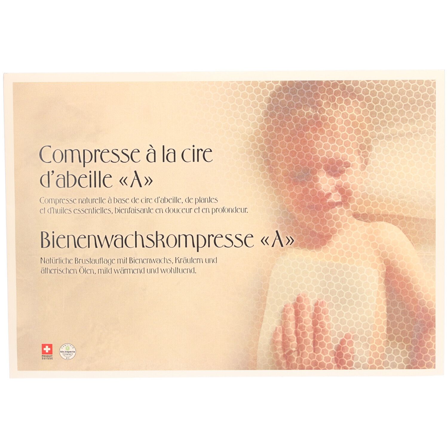 Verpackung mit Text: Bienenwachskompresse «A». Schweizer Kreuz und Qualitätszeichen. Kind mit Wabenmuster überlagert.