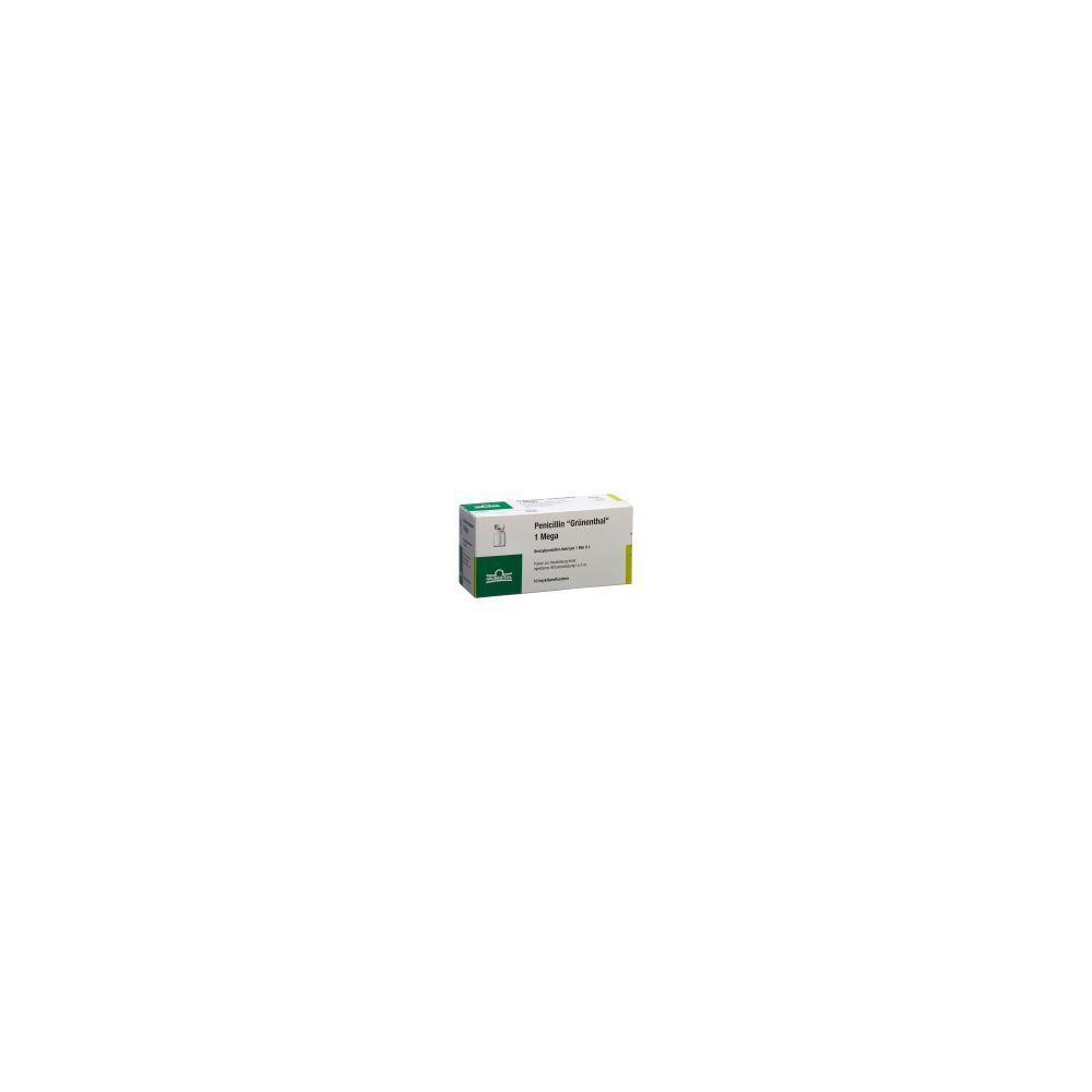 Boîte de PENICILLIN Grönenthal 1 Mega Vial 10 Stk. Boîte blanche et verte avec informations et logo du produit.