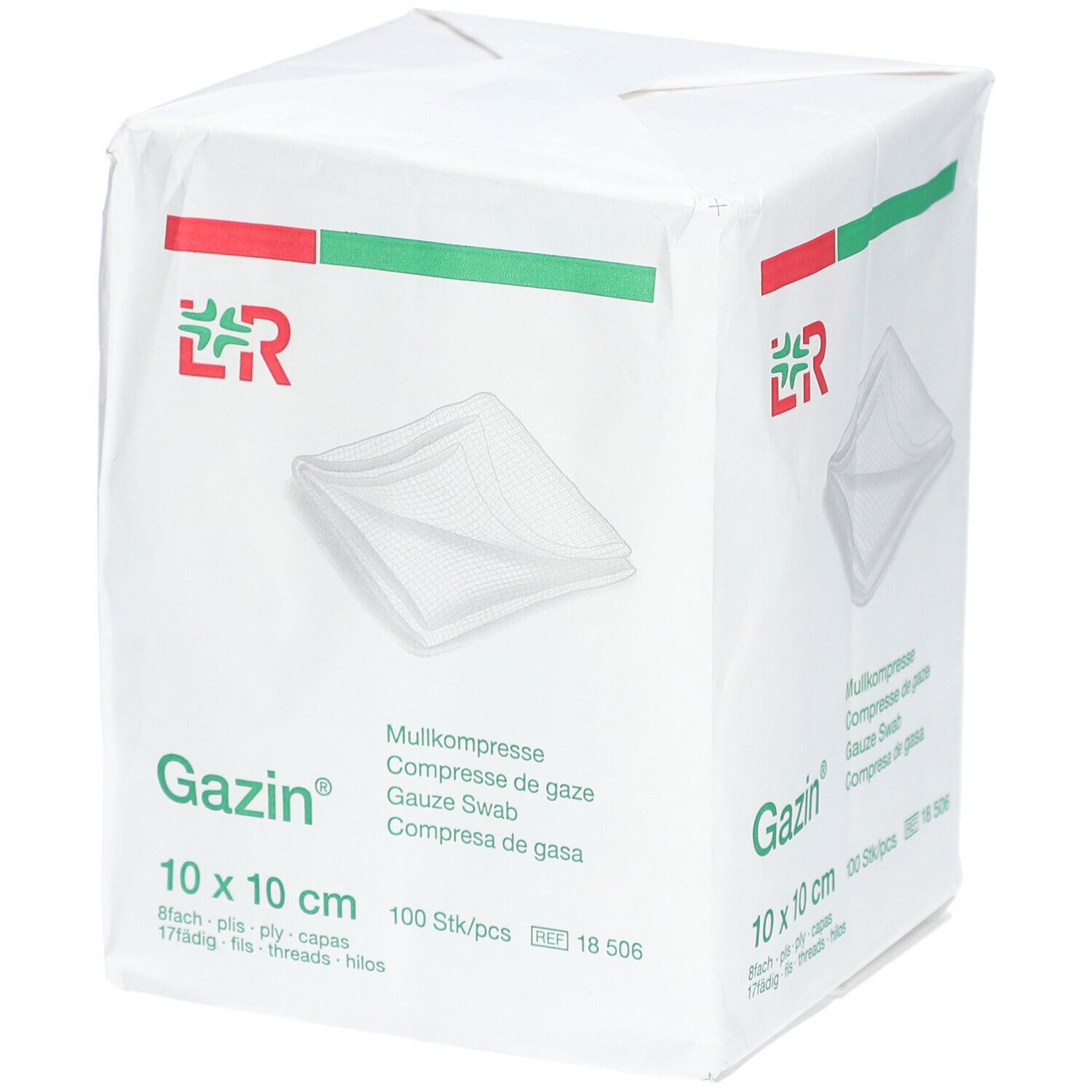 Verpackung mit Gazin Mullkompressen, 10 x 10 cm. Rote und grüne Streifen. 100 Stück.