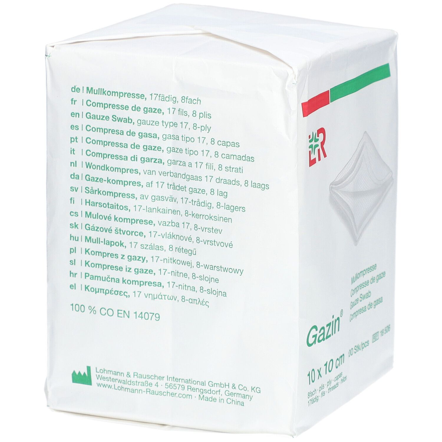 Verpackung mit Produktinformationen. Gazin Mullkompressen, 10 x 10 cm. Text in mehreren Sprachen.