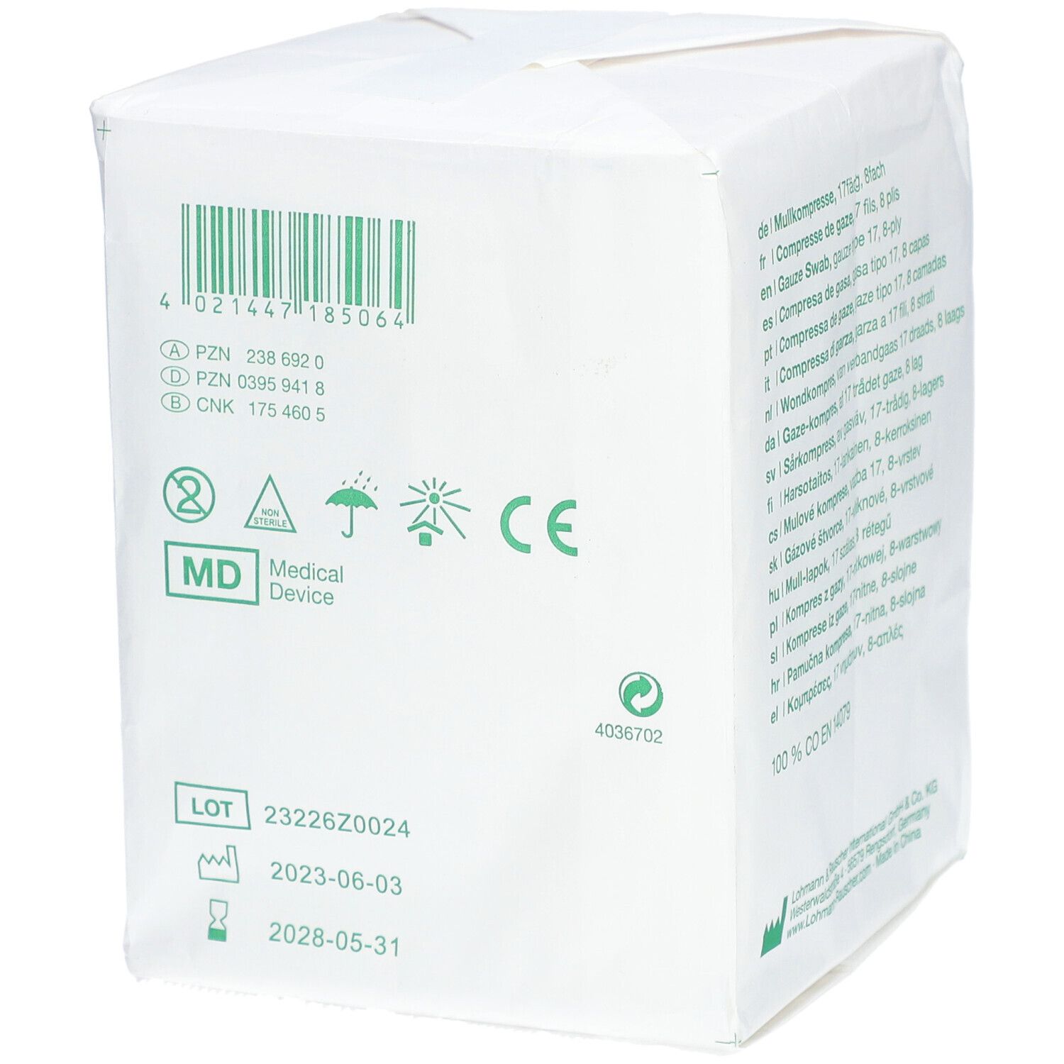 Verpackung mit Barcode, Chargennummer, Verfallsdatum und CE-Kennzeichnung. Medizinprodukt.
