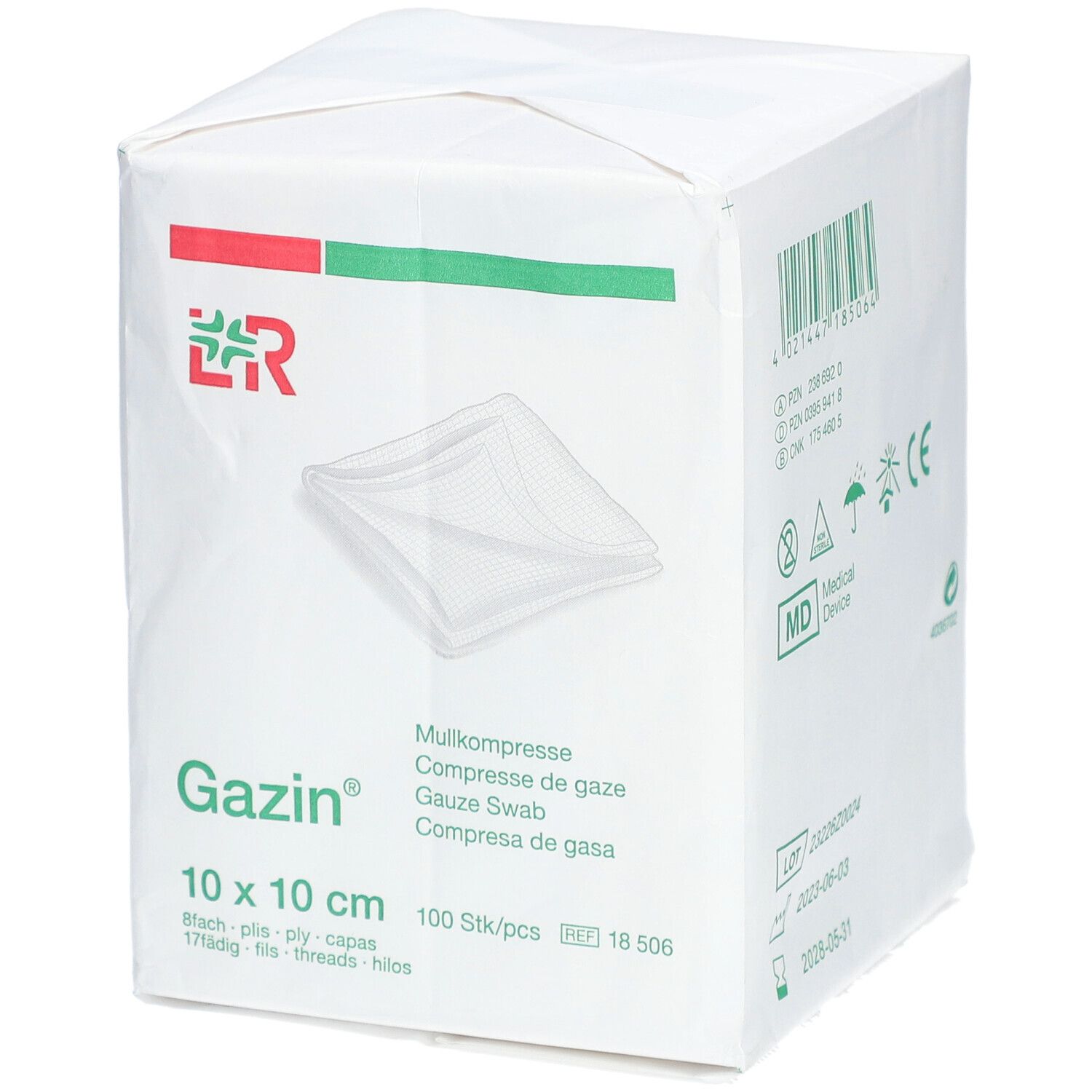 Verpackung mit Gazin Mullkompressen, 10 x 10 cm. Rote und grüne Streifen. 100 Stück.