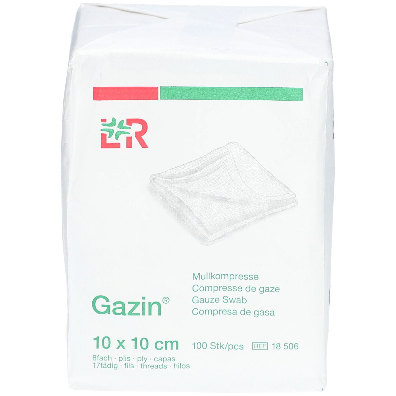 Verpackung mit Gazin Mullkompressen, 10 x 10 cm. Rote und grüne Streifen. 100 Stück.