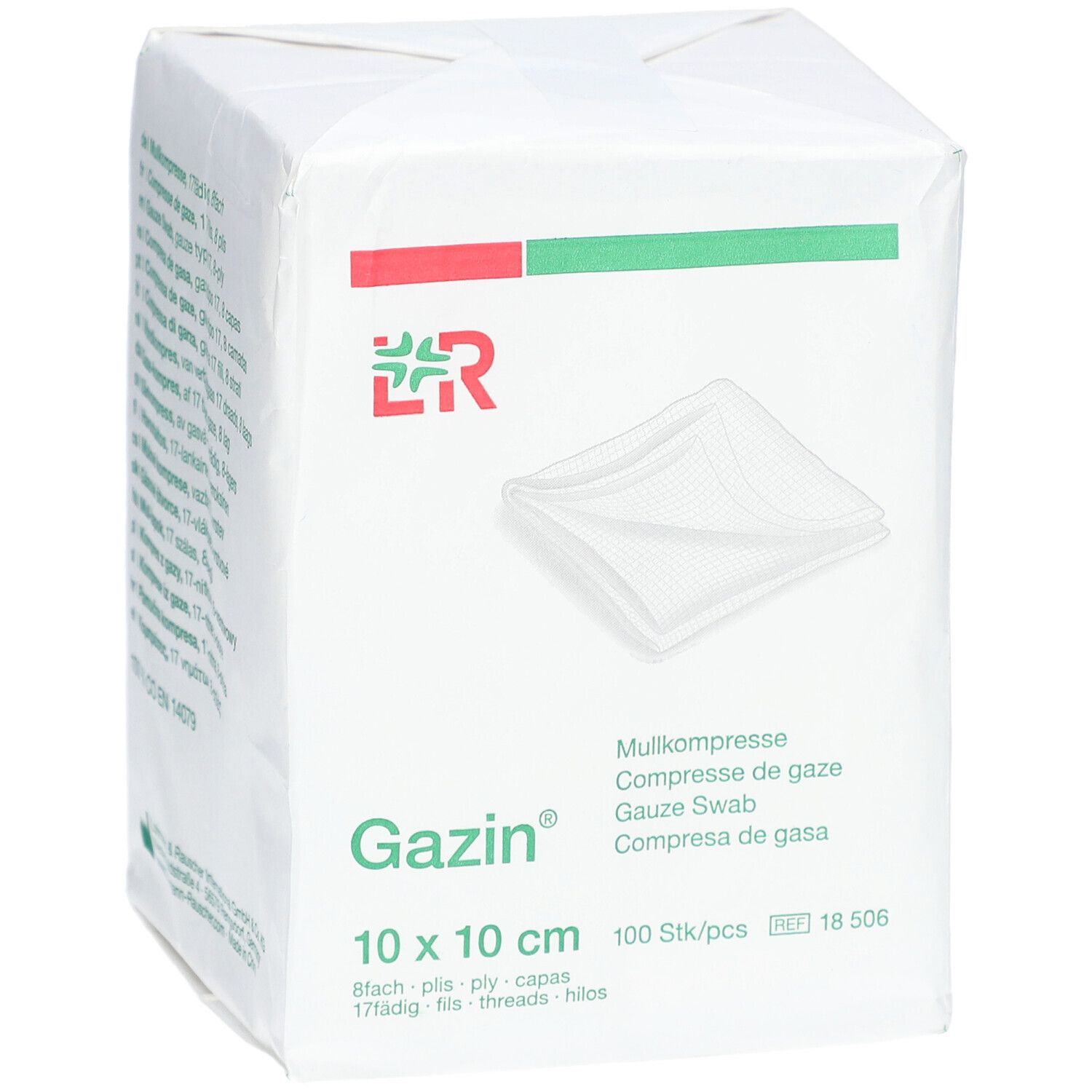 Verpackung mit Gazin Mullkompressen, 10 x 10 cm. Rote und grüne Streifen. 100 Stück.