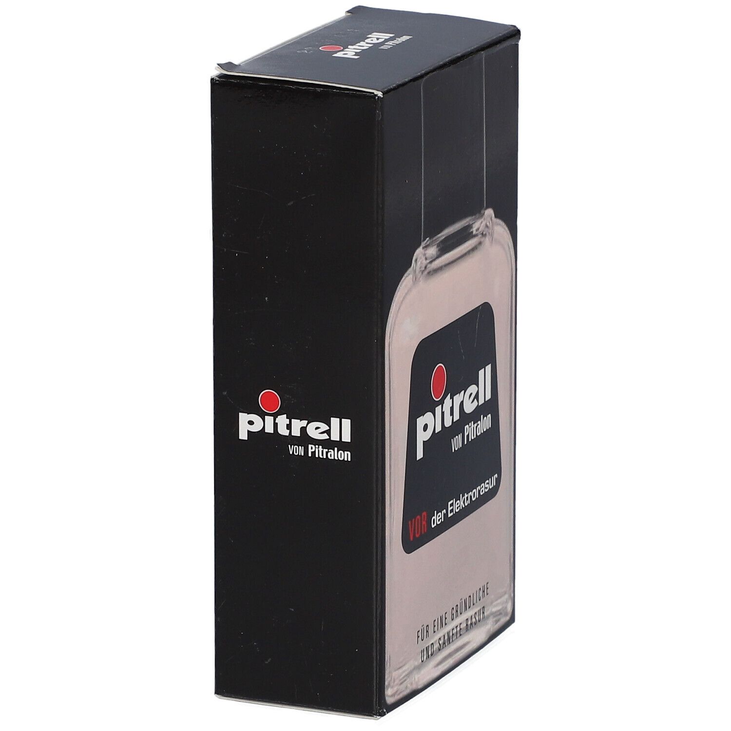 Schwarze Verpackung mit Flaschenabbildung. Aufschrift: Pitrell, vor der Elektrorasur.