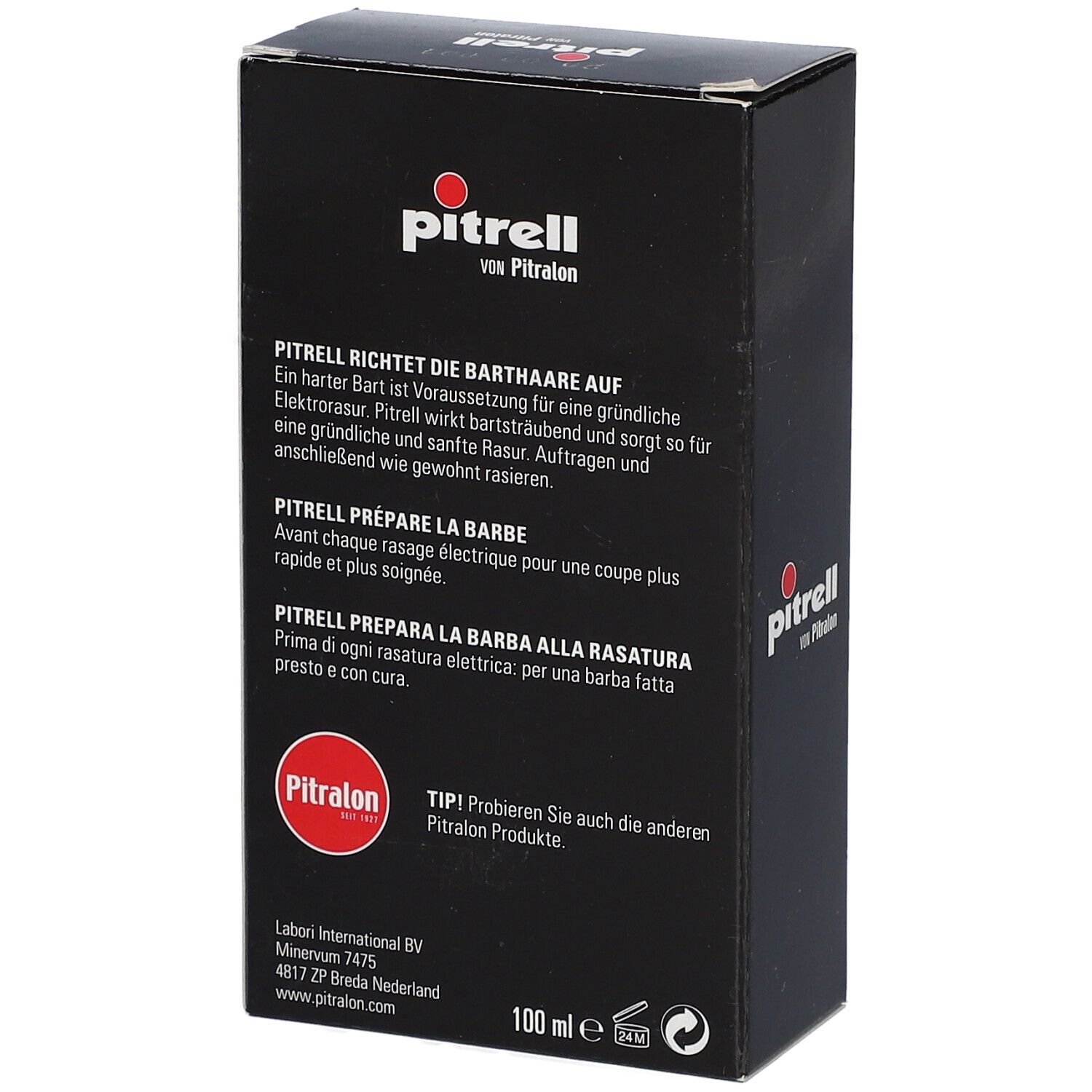 Schwarze Verpackung, Text: Pitrell, richtet die Barthaare auf. 100 ml.