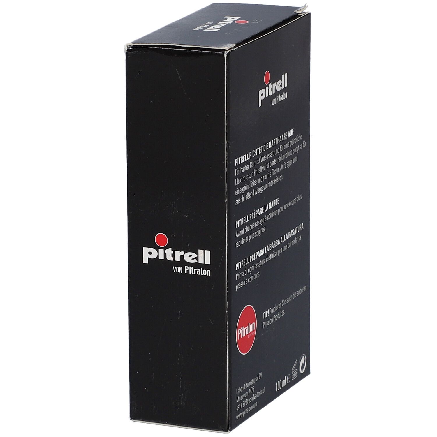 Schwarze Verpackung, Text: Pitrell, richtet die Barthaare auf. 100 ml.