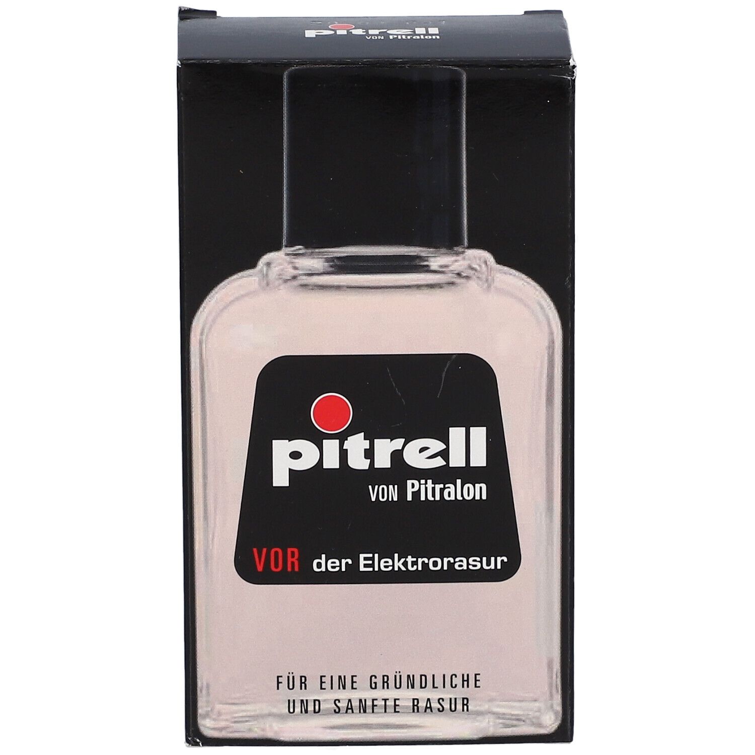 Flasche mit Etikett in schwarzer Verpackung. Aufschrift: Pitrell, vor der Elektrorasur.
