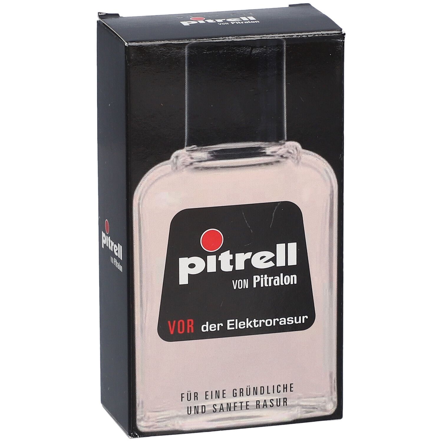 Flasche mit Etikett in schwarzer Verpackung. Aufschrift: Pitrell, vor der Elektrorasur.