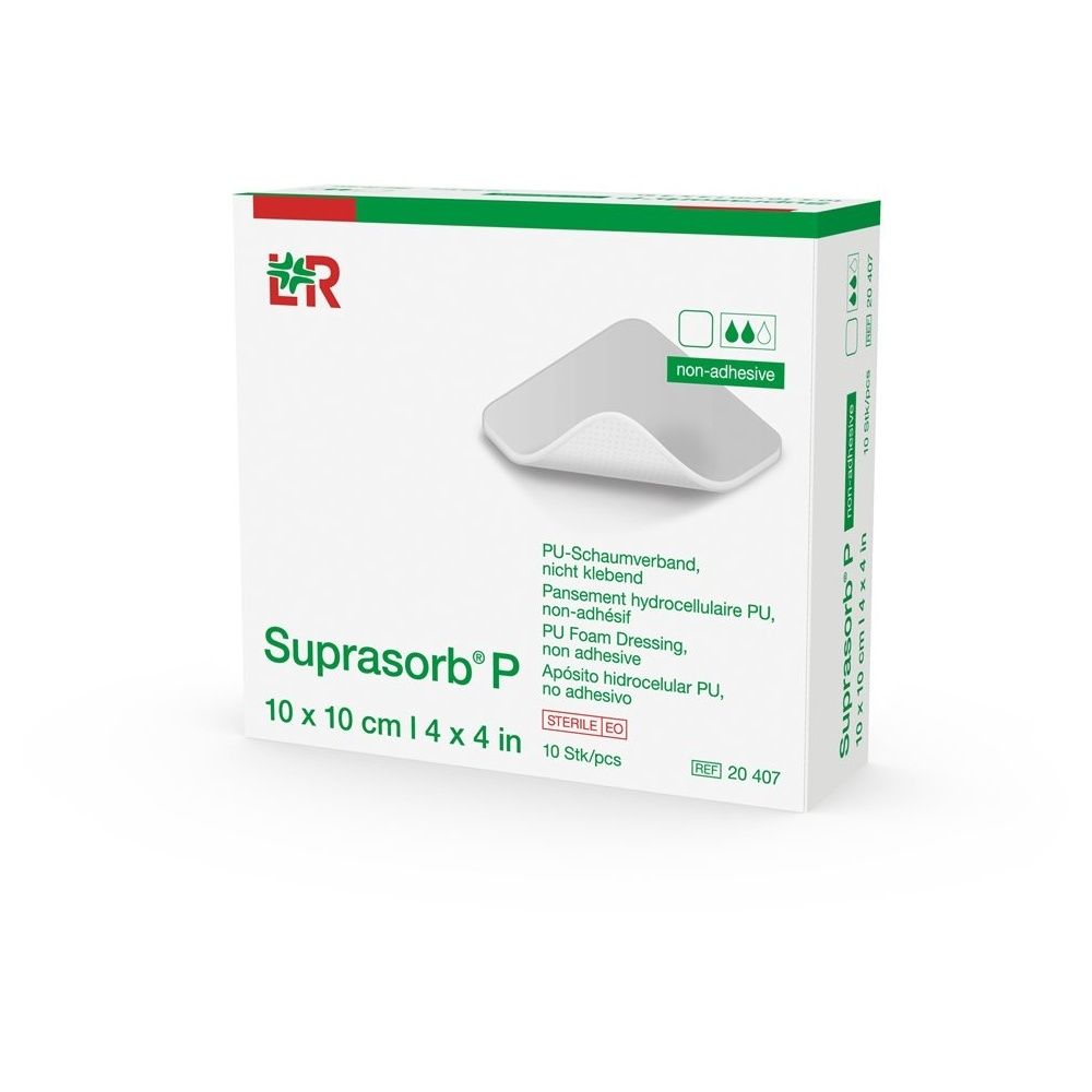 Emballage de Suprasorb P, 10 x 10 cm. Pansement en mousse de PU, non adhésif. Contient 10 pièces. Stérile.