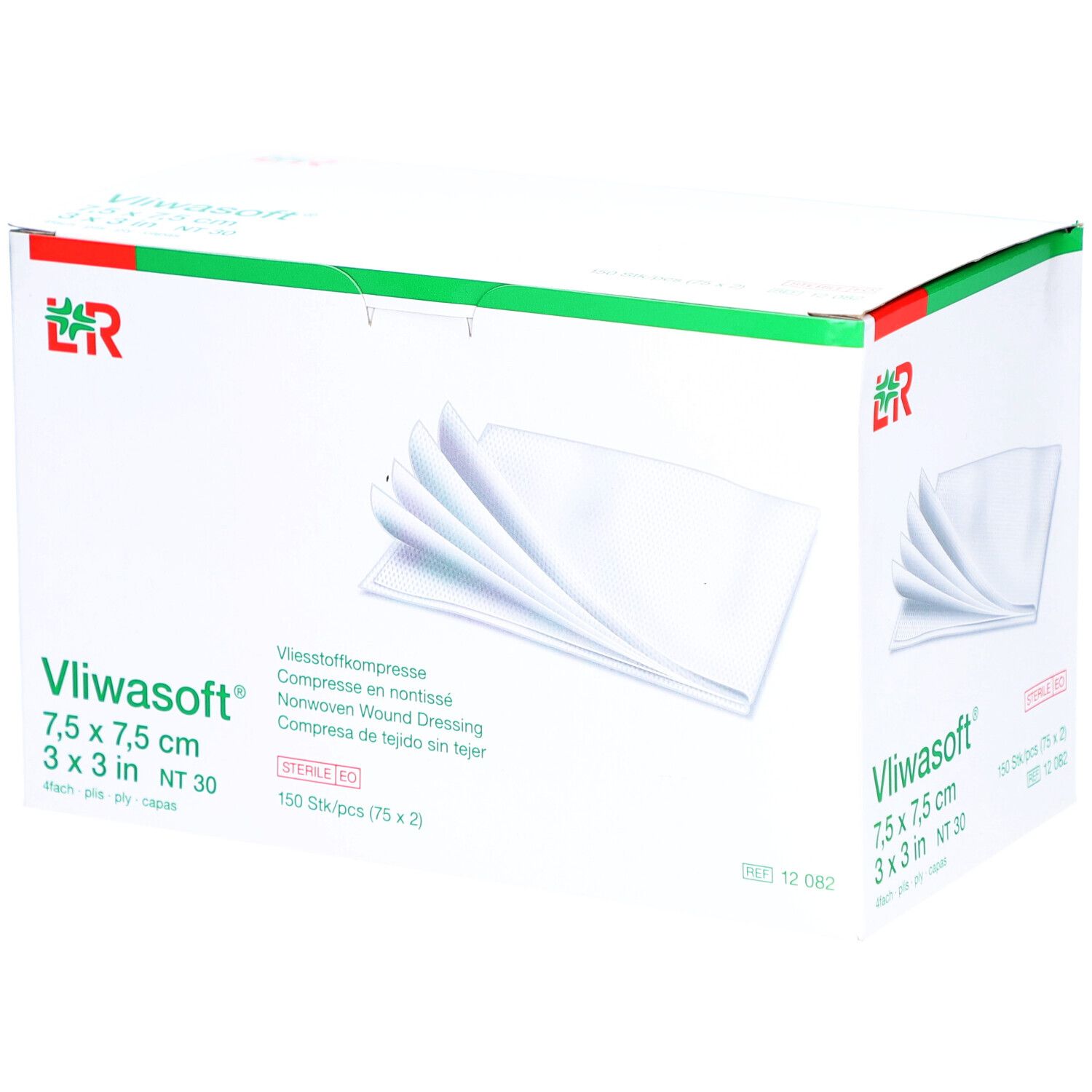 Boîte de compresses Vliwasoft 7,5 x 7,5 cm. Stériles. 150 pièces.
