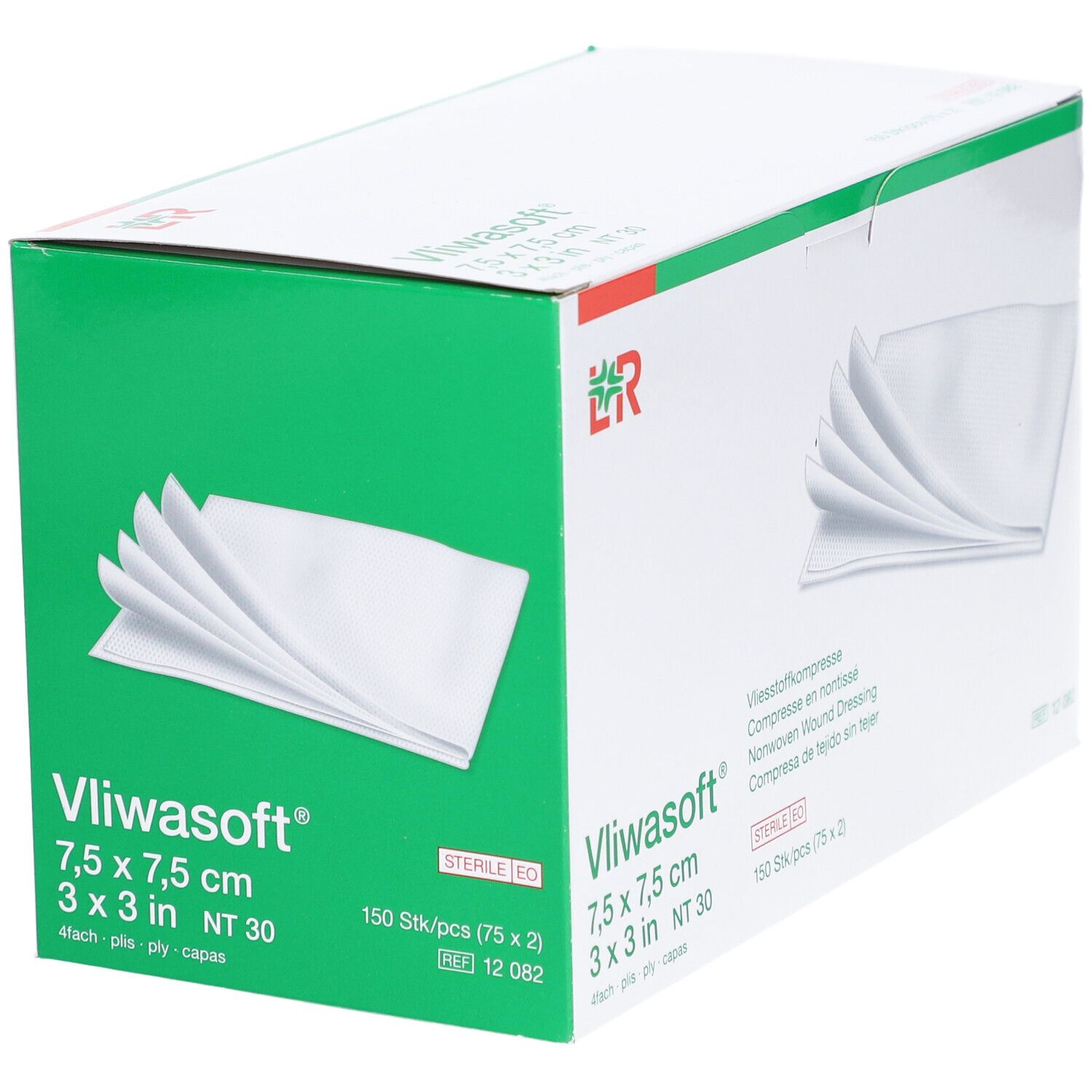 Boîte de compresses Vliwasoft 7,5 x 7,5 cm. Stériles. 150 pièces.