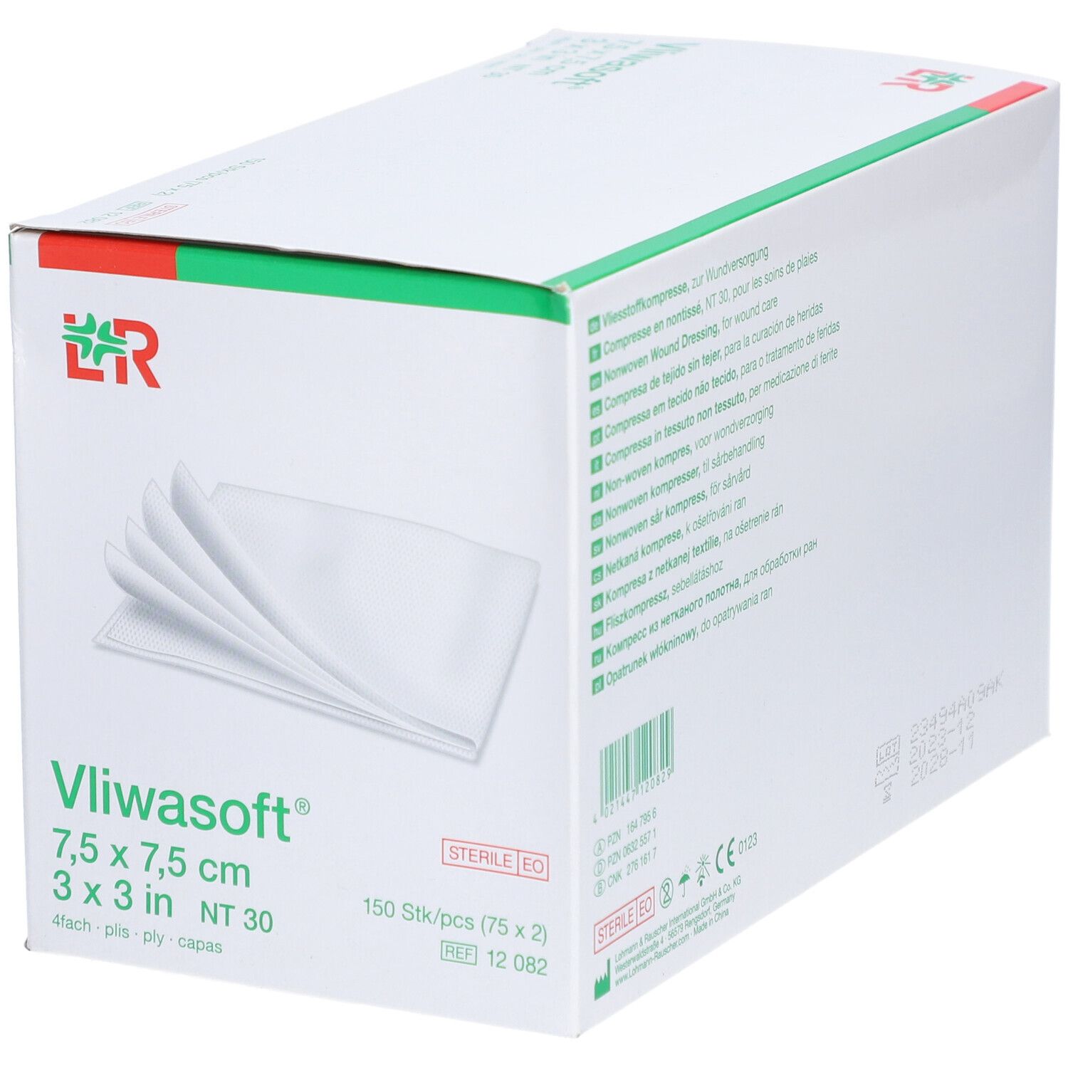 Boîte de compresses Vliwasoft 7,5 x 7,5 cm. Stériles. 150 pièces.
