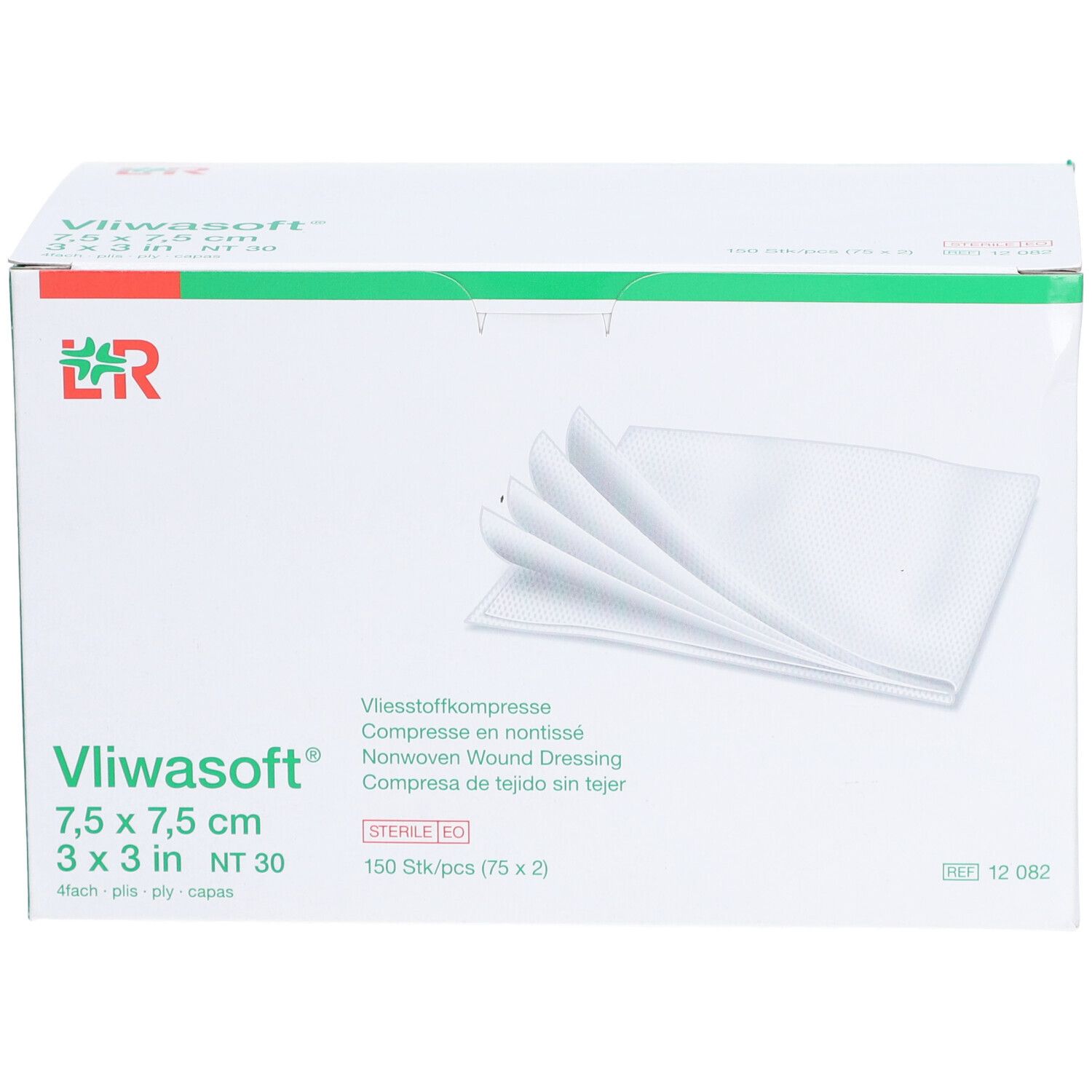 Boîte de compresses Vliwasoft 7,5 x 7,5 cm. Stériles. 150 pièces.