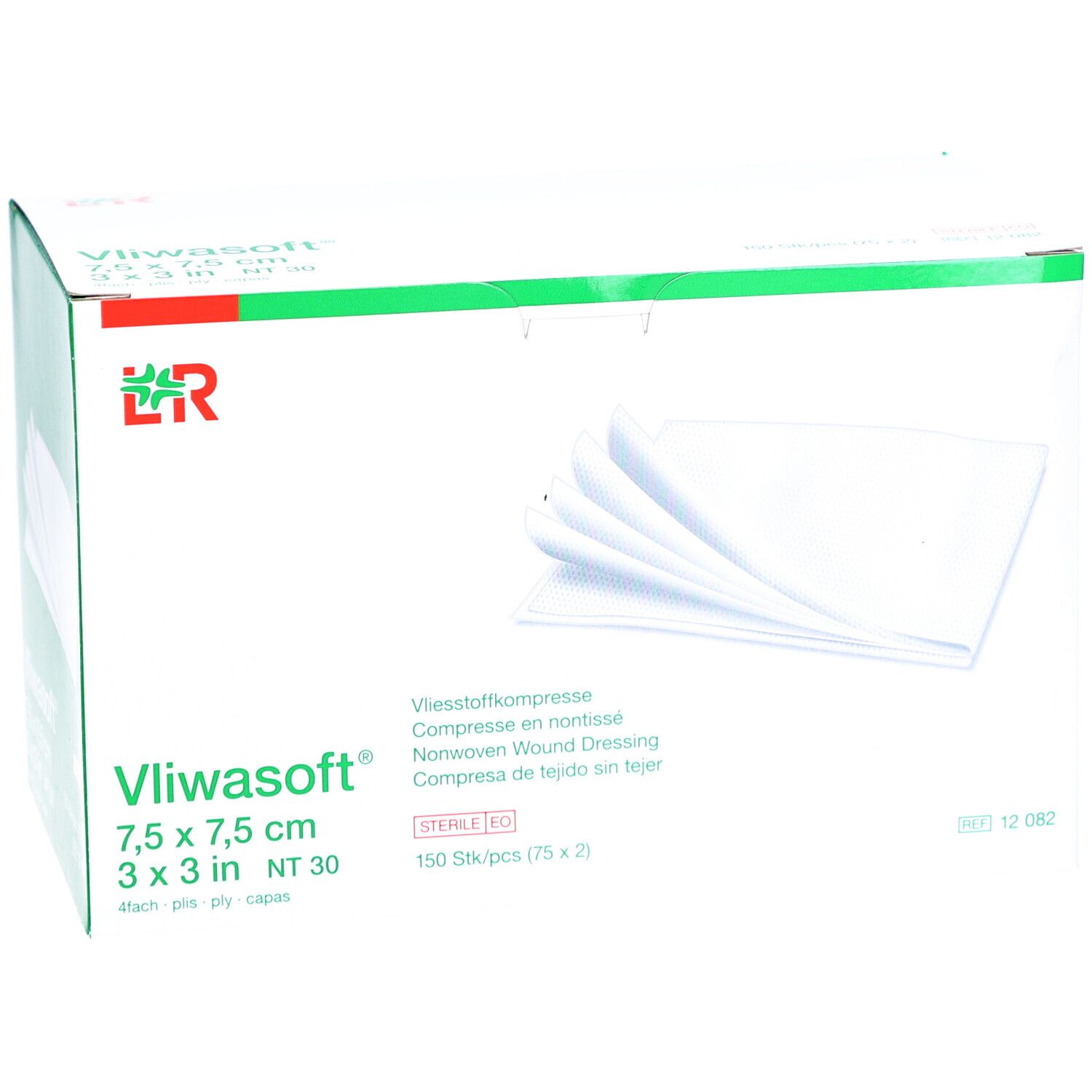 Boîte de compresses Vliwasoft 7,5 x 7,5 cm. Stériles. 150 pièces.