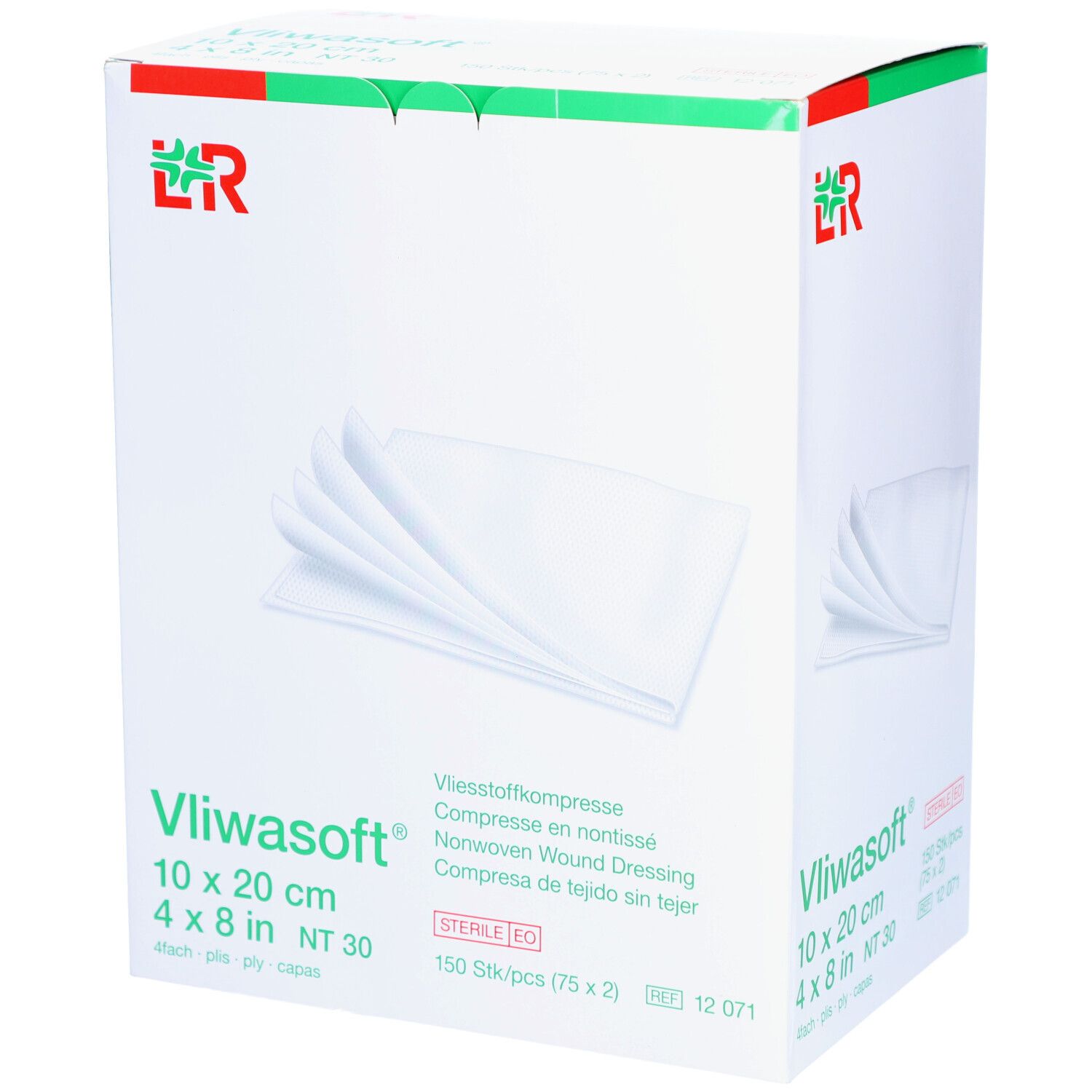 Boîte de compresses Vliwasoft®. Compresses blanches, 10x20 cm, 4 plis. Emballage avec logo et informations.