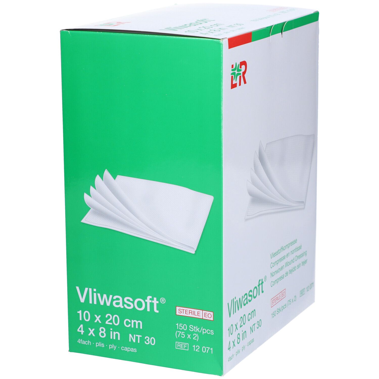 Boîte Vliwasoft®. Compresses blanches, 10x20 cm, 4 plis. Emballage avec logo et informations.