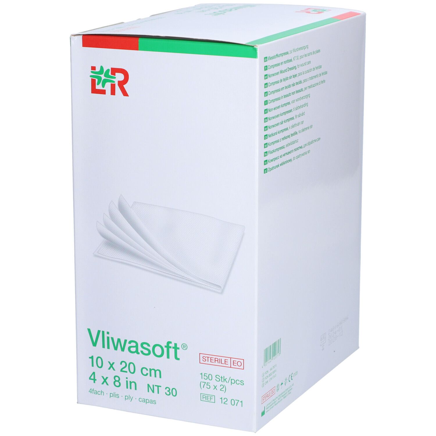 Boîte Vliwasoft®. Compresses blanches, 10x20 cm, 4 plis. Emballage avec logo et informations.