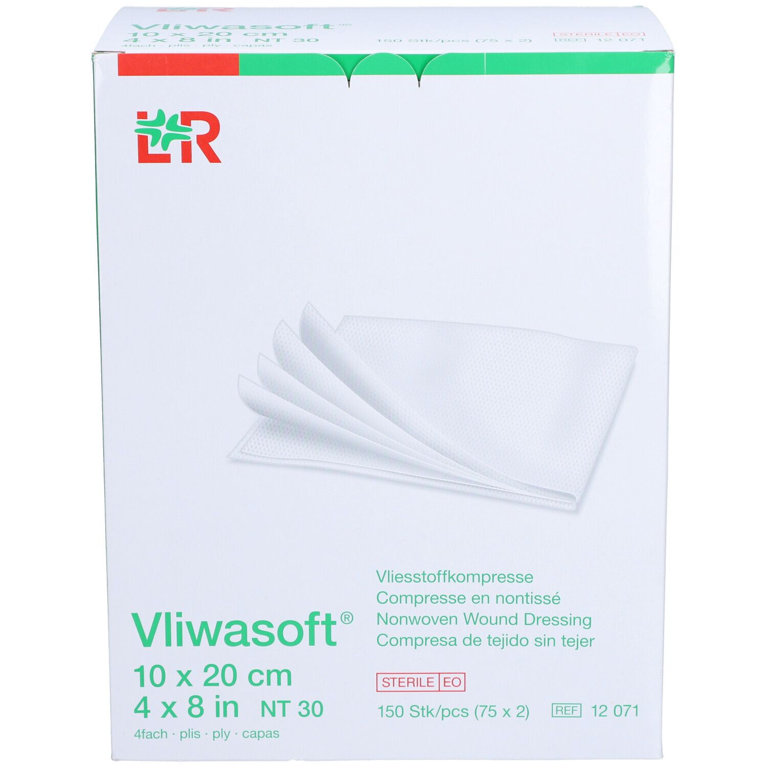 Boîte Vliwasoft®. Compresses blanches, 10x20 cm, 4 plis. Emballage avec logo et informations.