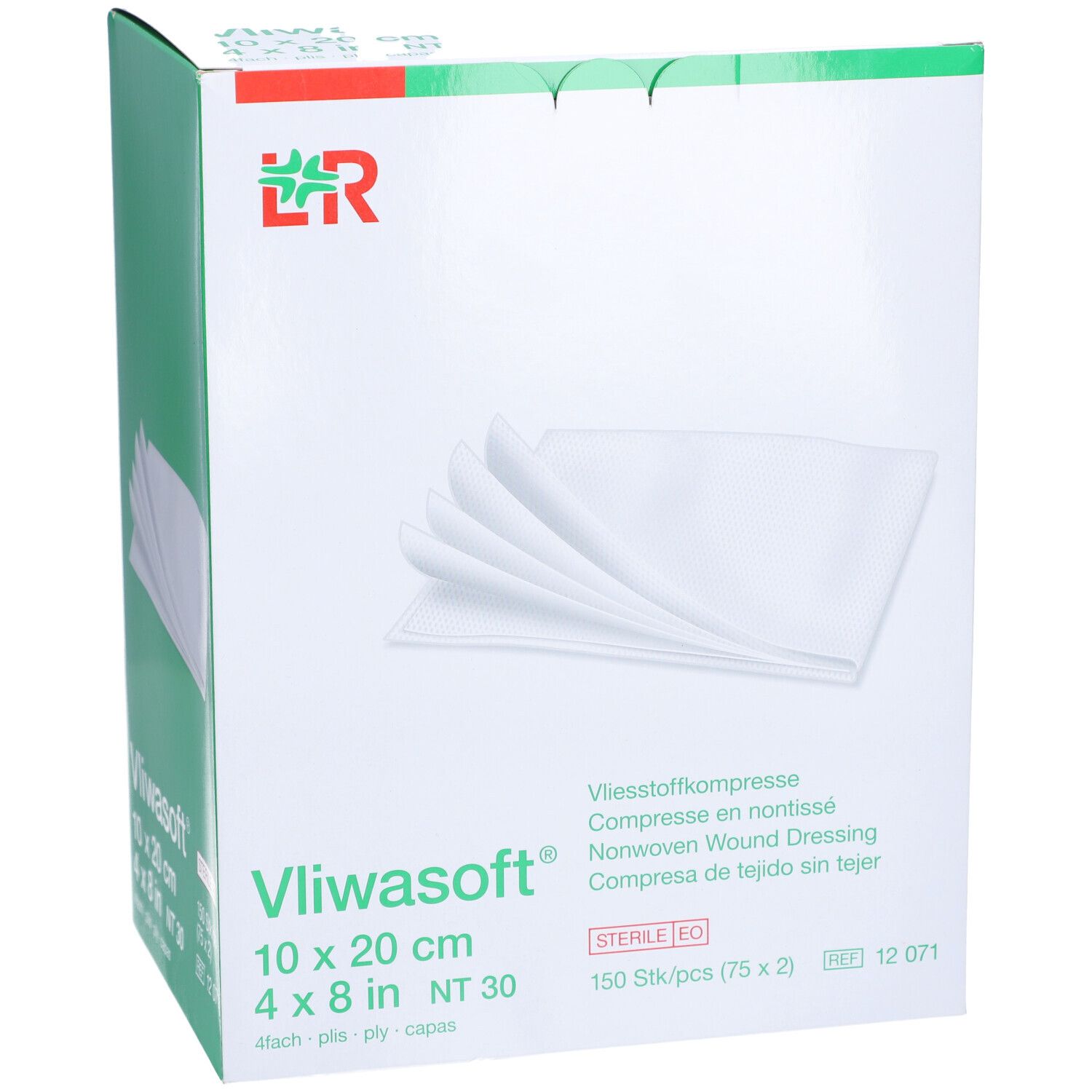 Boîte Vliwasoft®. Compresses blanches, 10x20 cm, 4 plis. Emballage avec logo et informations.