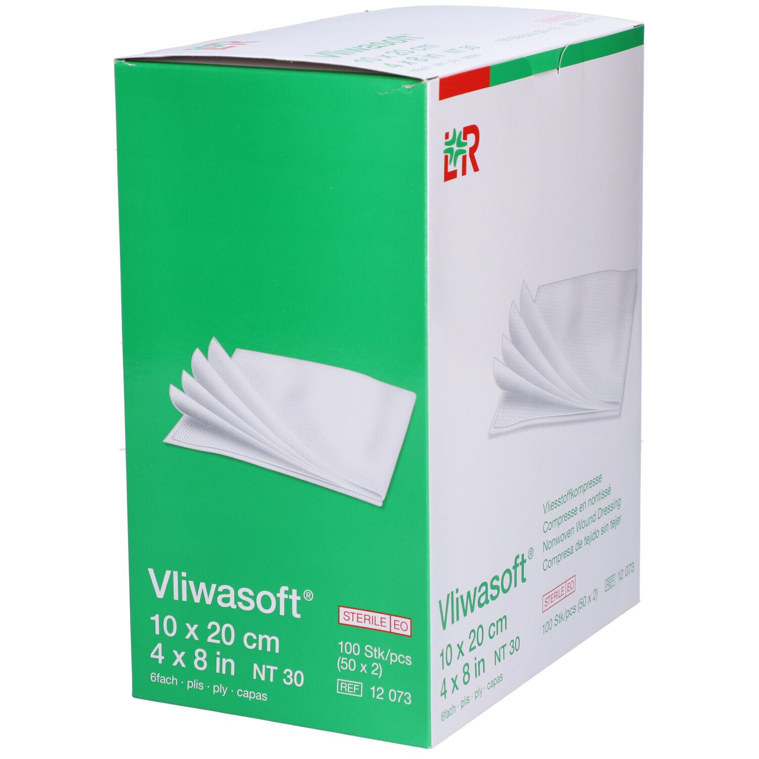 Verpackung von Vliwasoft® Wundkompressen. Größe 10x20 cm. 100 Stück. Sterile EO. L&R Logo.