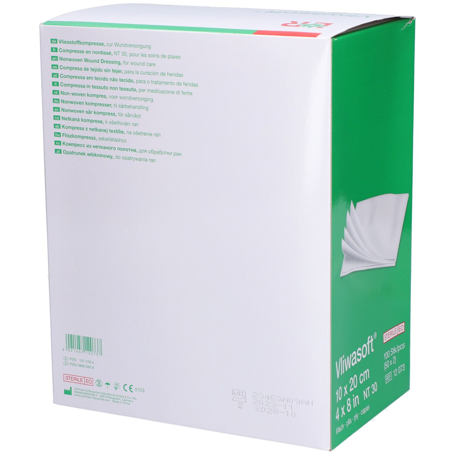 Rückseite der Verpackung von Vliwasoft® Wundkompressen. Größe 10x20 cm. Sterile EO. L&R Logo.