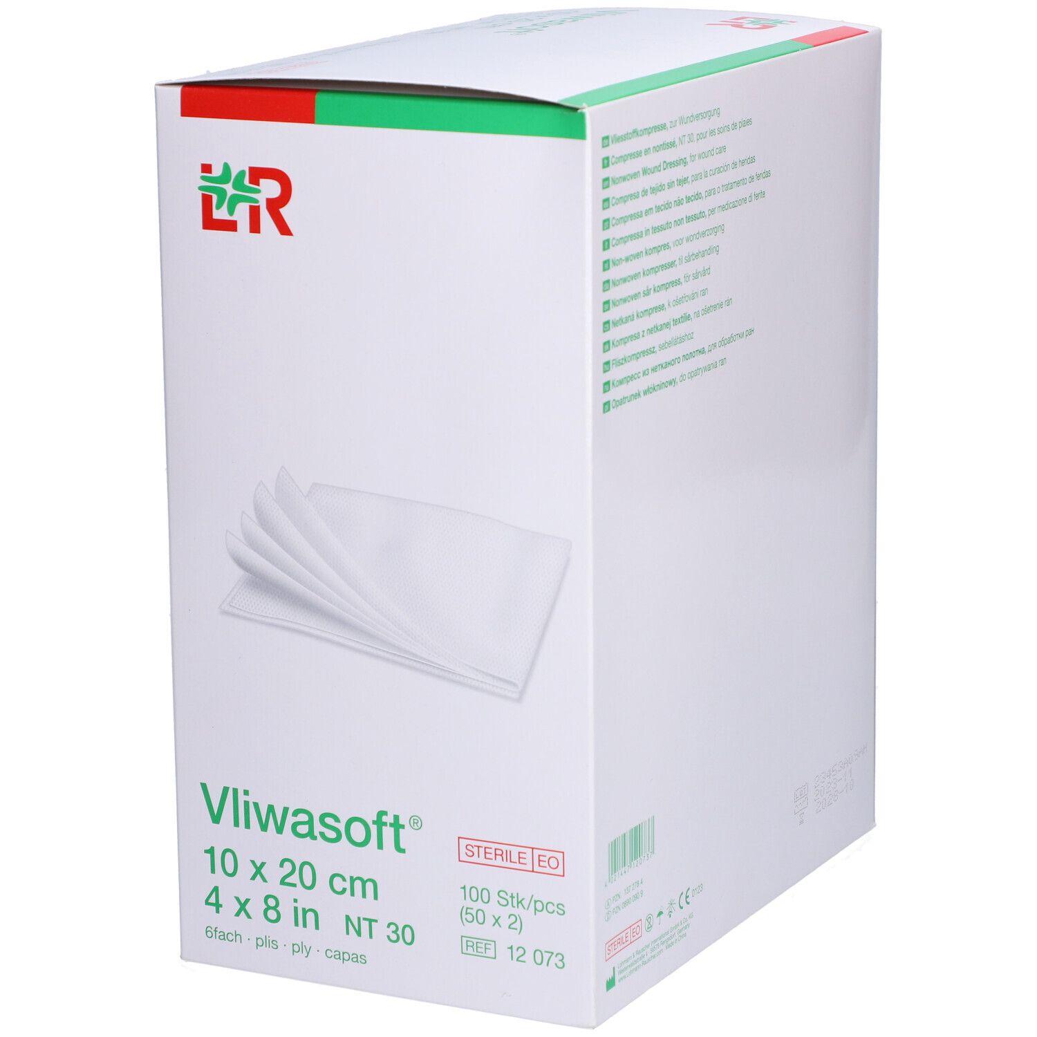 Verpackung von Vliwasoft® Wundkompressen. Größe 10x20 cm. 100 Stück. Sterile EO. L&R Logo.