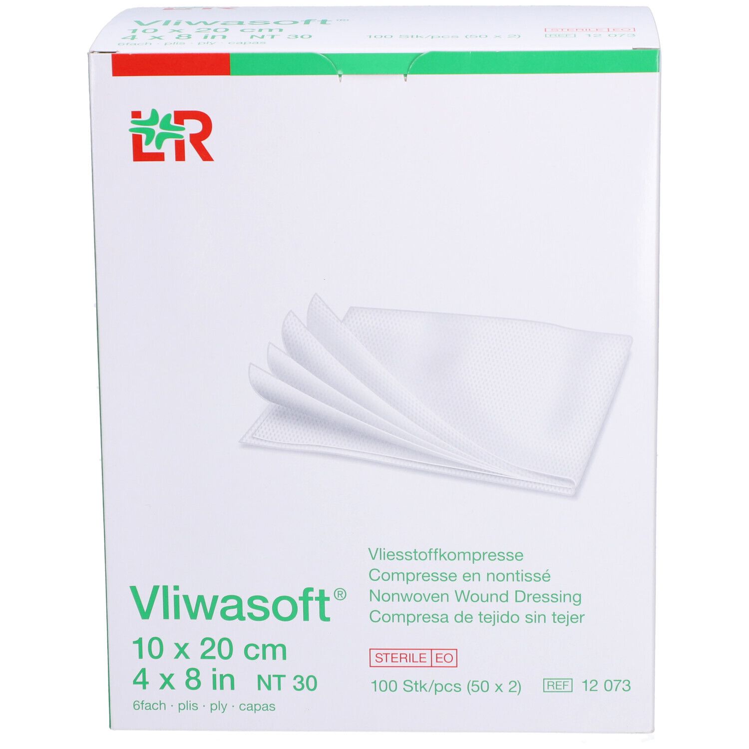 Verpackung von Vliwasoft® Wundkompressen. Größe 10x20 cm. 100 Stück. Sterile EO. L&R Logo.
