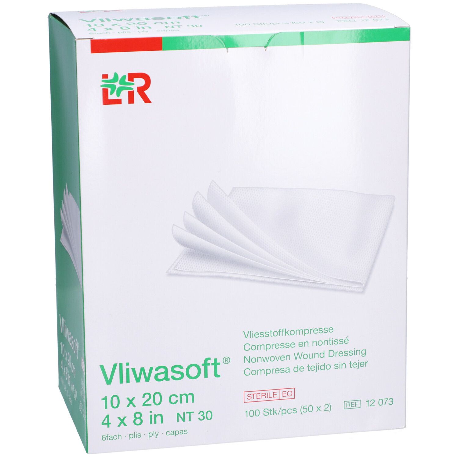 Verpackung von Vliwasoft® Wundkompressen. Größe 10x20 cm. 100 Stück. Sterile EO. L&R Logo.