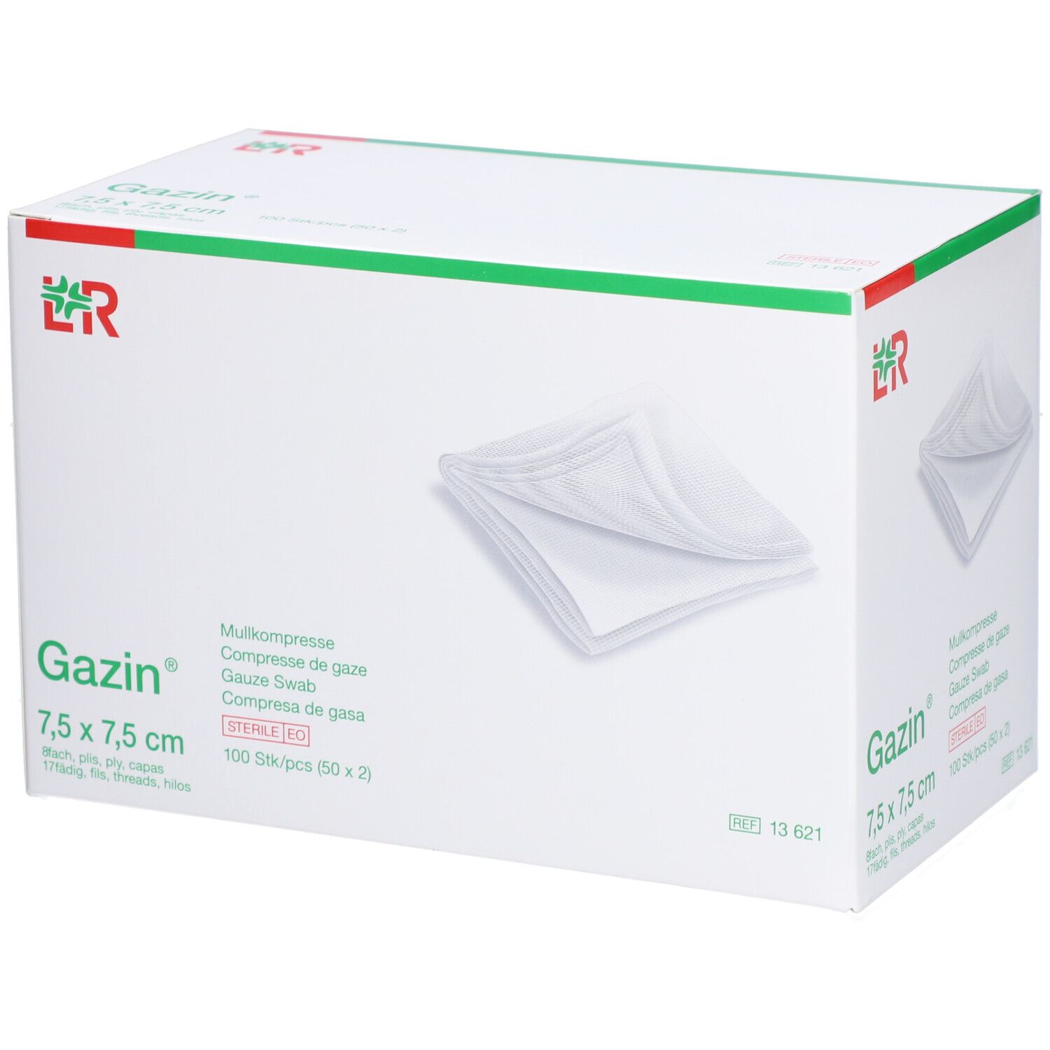 Gazin Mullkompressen 7,5 x 7,5 cm. Weiße Kompressen in einer weißen Box mit grünen Akzenten. 100 Stück.