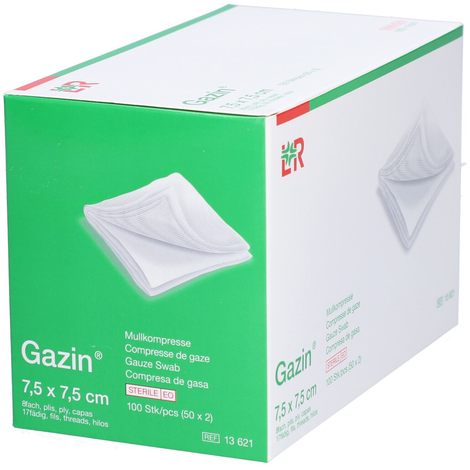 Gazin Mullkompressen 7,5 x 7,5 cm. Weiße Kompressen in einer Box mit grünem Hintergrund. 100 Stück.