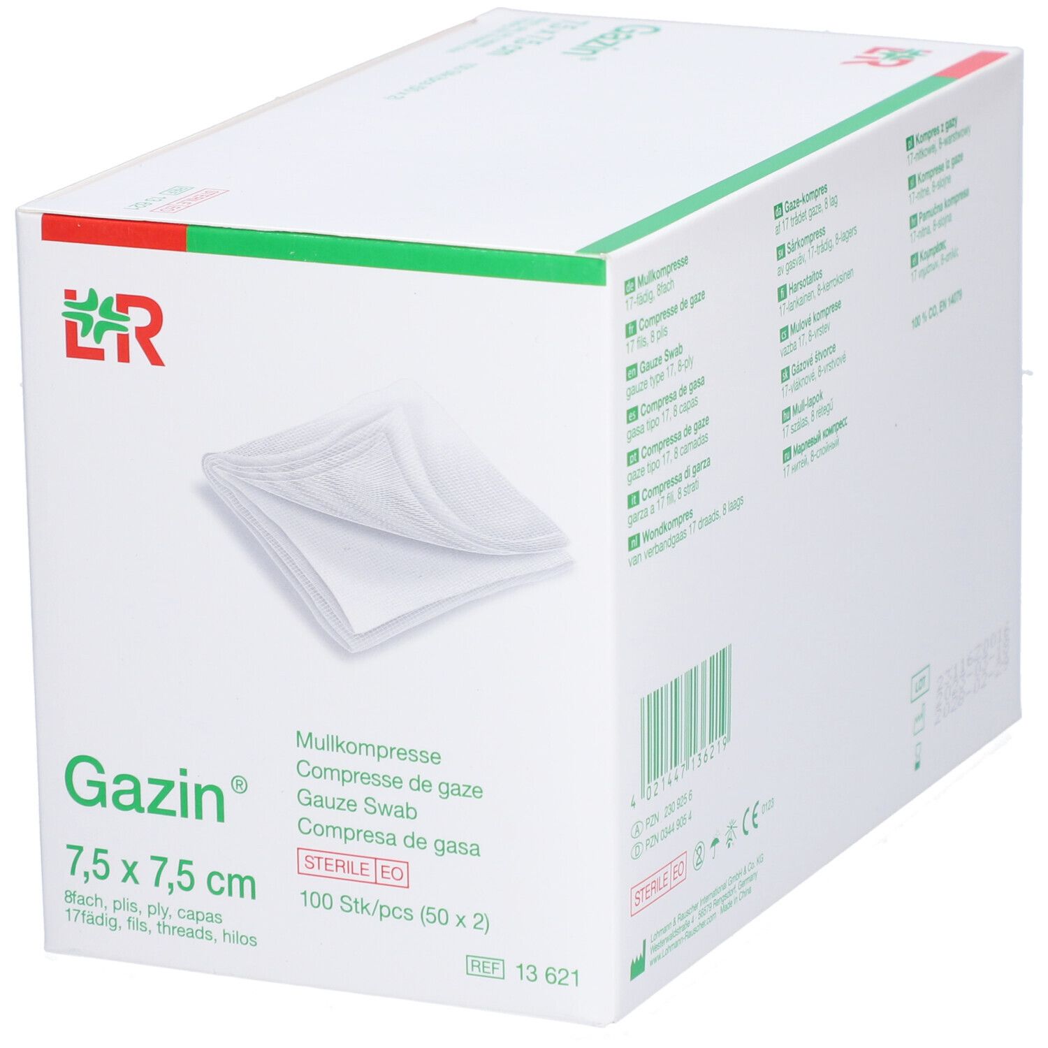 Gazin Mullkompressen 7,5 x 7,5 cm. Weiße Kompressen in einer Box. 100 Stück. Sterile EO.