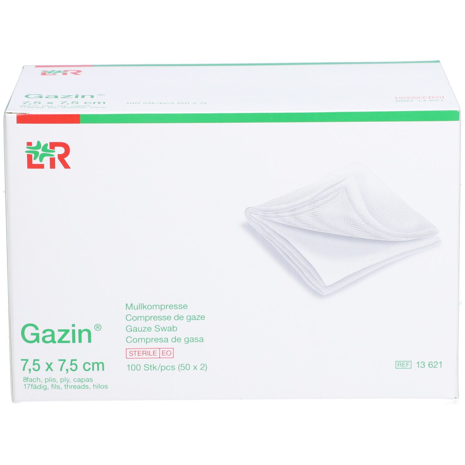 Gazin Mullkompressen 7,5 x 7,5 cm. Weiße Kompressen in einer Box. 100 Stück. Sterile EO.