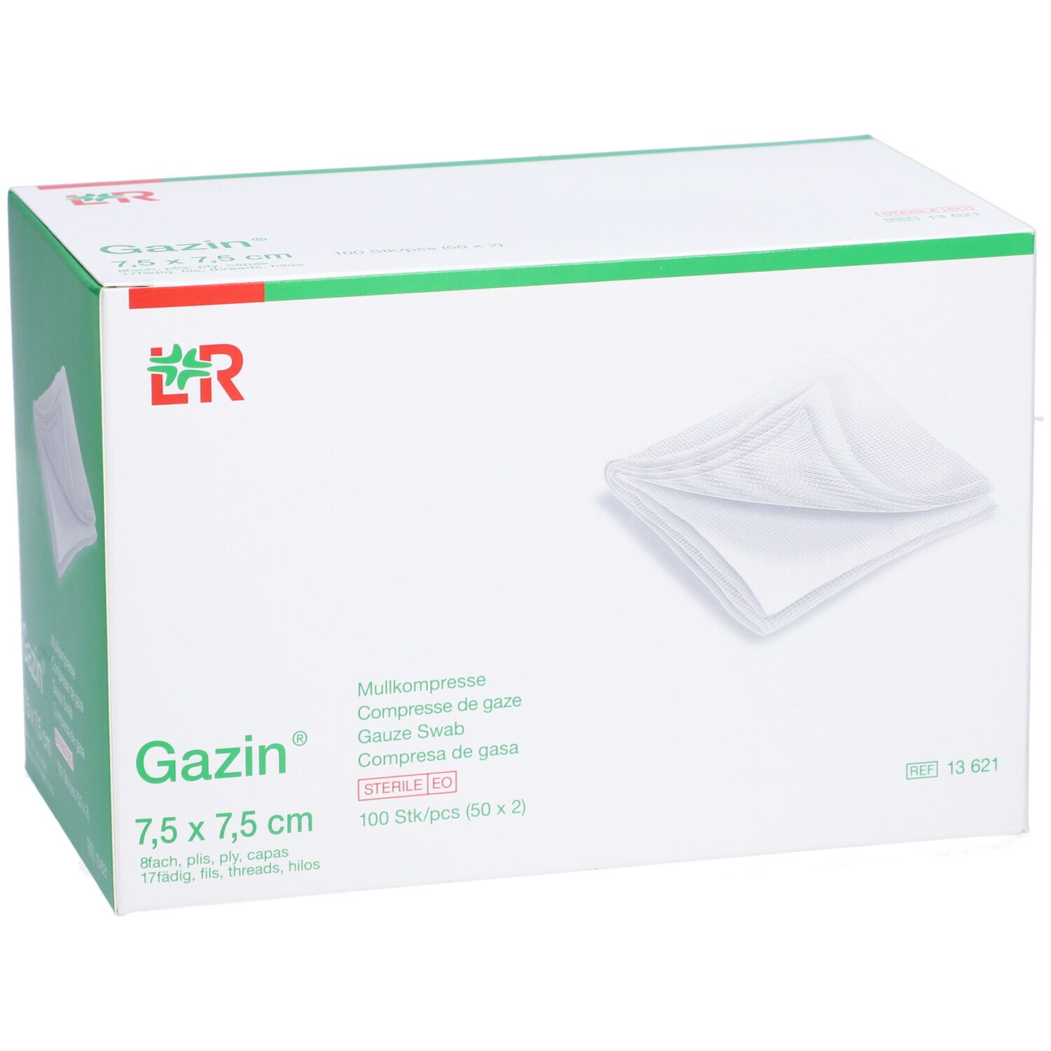 Gazin Mullkompressen 7,5 x 7,5 cm. Weiße Kompressen in einer Box. 100 Stück. Sterile EO.