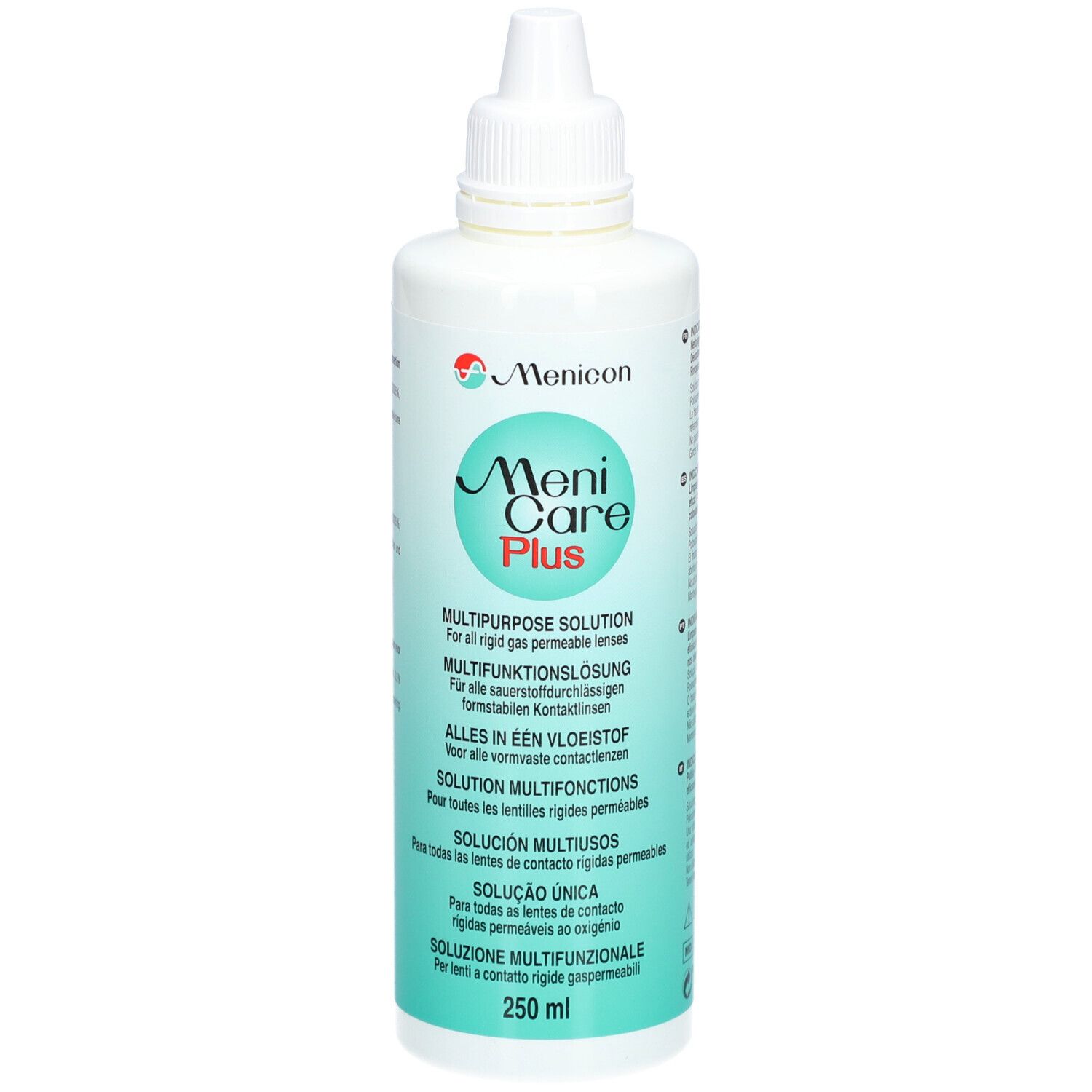 Weiße Flasche mit Schraubverschluss. Aufschrift: Meni Care Plus, Mehrzwecklösung für sauerstoffdurchlässige Kontaktlinsen. 250 ml.