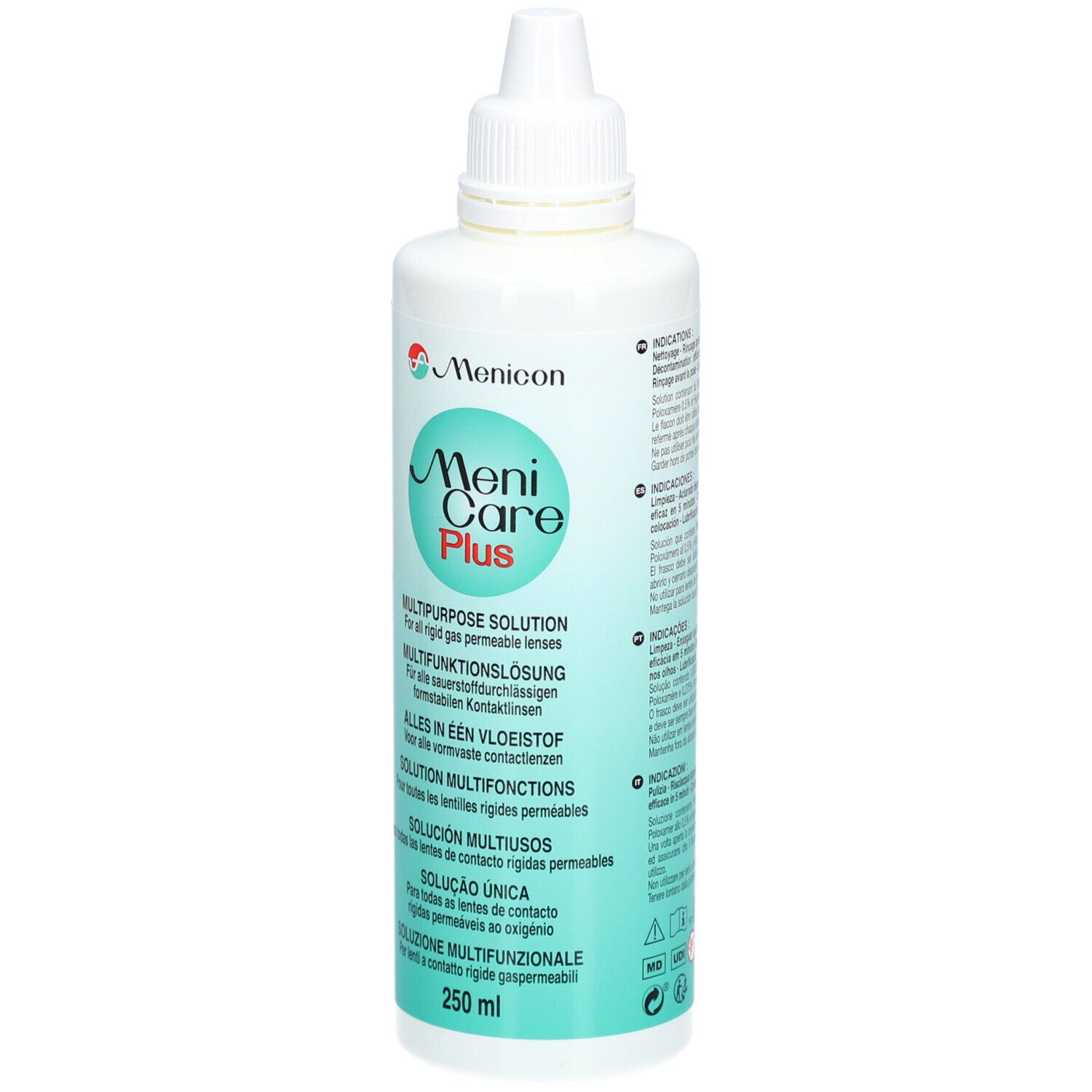 Weiße Flasche mit Schraubverschluss. Aufschrift: Meni Care Plus, Mehrzwecklösung für sauerstoffdurchlässige Kontaktlinsen. 250 ml.