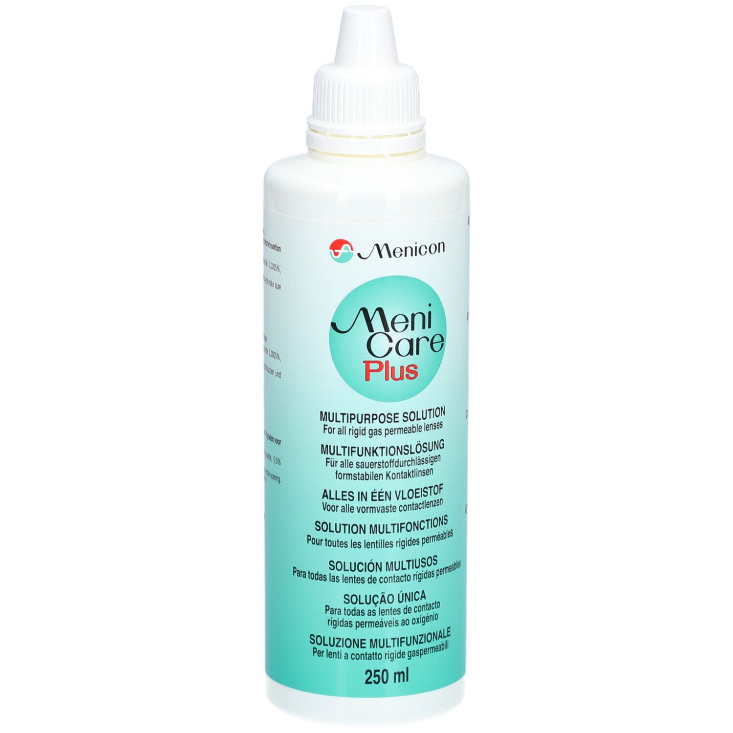 Weiße Flasche mit Schraubverschluss. Aufschrift: Meni Care Plus, Mehrzwecklösung für sauerstoffdurchlässige Kontaktlinsen. 250 ml.