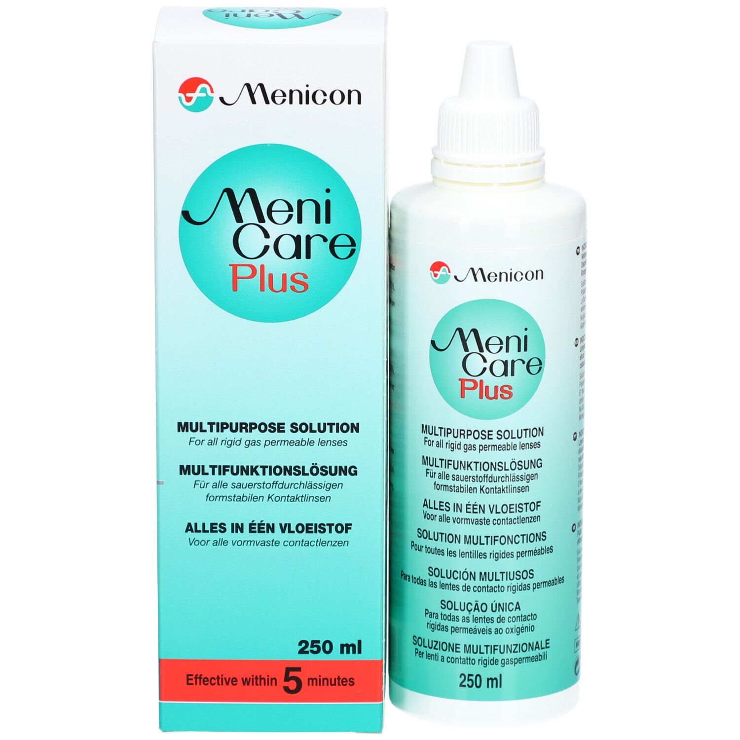 Produktverpackung und Flasche. Aufschrift: Meni Care Plus, Mehrzwecklösung für sauerstoffdurchlässige Kontaktlinsen. 250 ml. Box und Flasche.