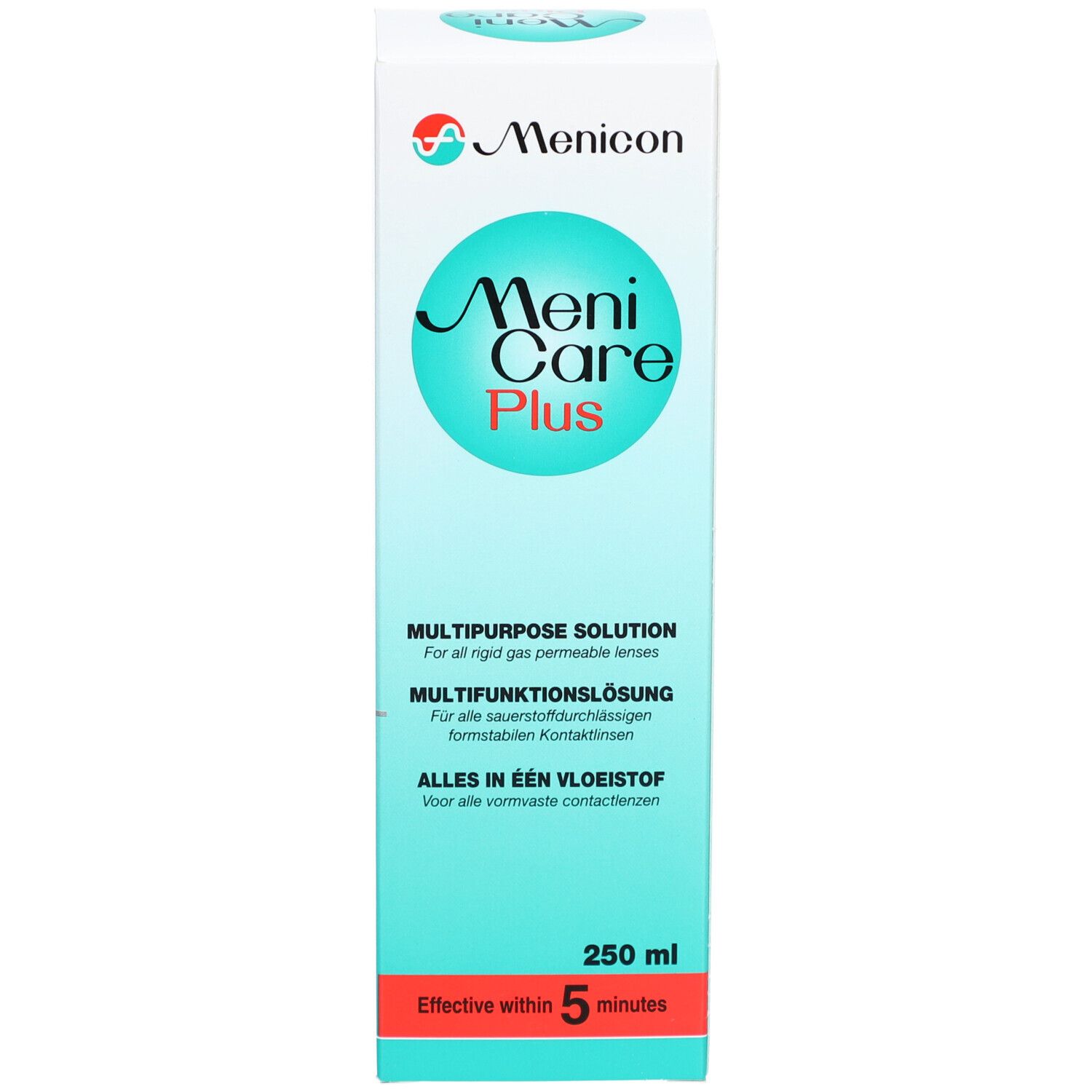 Produktverpackung. Aufschrift: Meni Care Plus, Mehrzwecklösung für sauerstoffdurchlässige Kontaktlinsen. 250 ml. Wirksamkeit innerhalb von 5 Minuten.