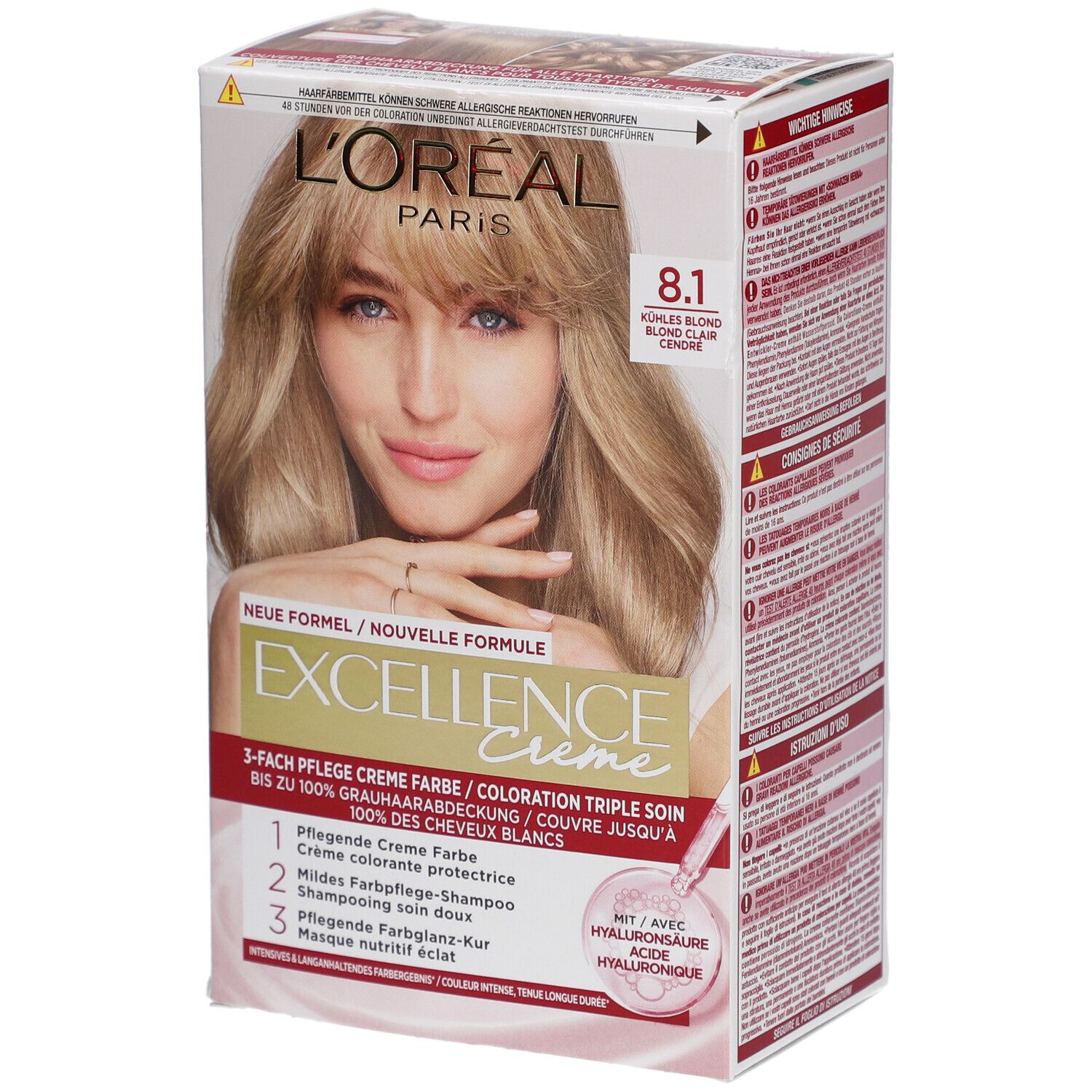 L'Oréal Paris Excellence Crème 8.1. Verpackung mit Frau, blonde Haare. 3-fach Pflege, Creme Farbe, Shampoo, Maske. Mit Hyaluronsäure.