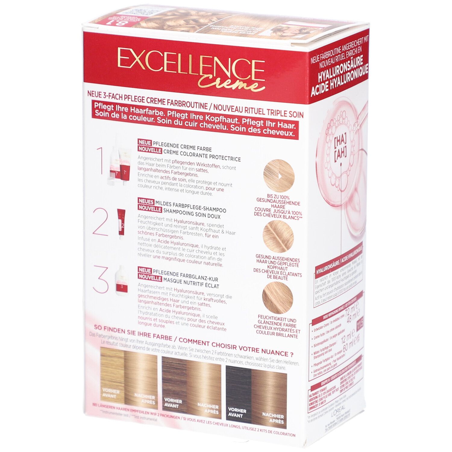 L'Oréal Paris Excellence Crème. Rückseite der Verpackung. 3-fach Pflege. Creme Farbe, Shampoo, Maske. Farbbeispiele. Anwendung.