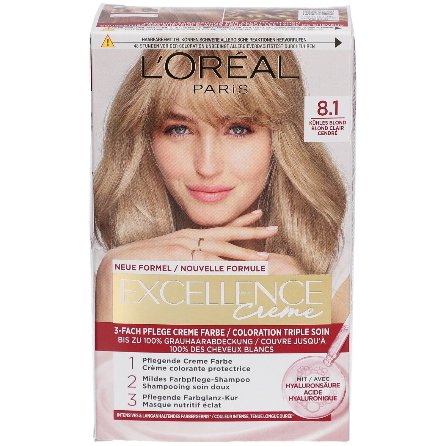 L'Oréal Paris Excellence Crème 8.1. Verpackung mit Frau, blonde Haare. 3-fach Pflege, Creme Farbe, Shampoo, Maske. Mit Hyaluronsäure.