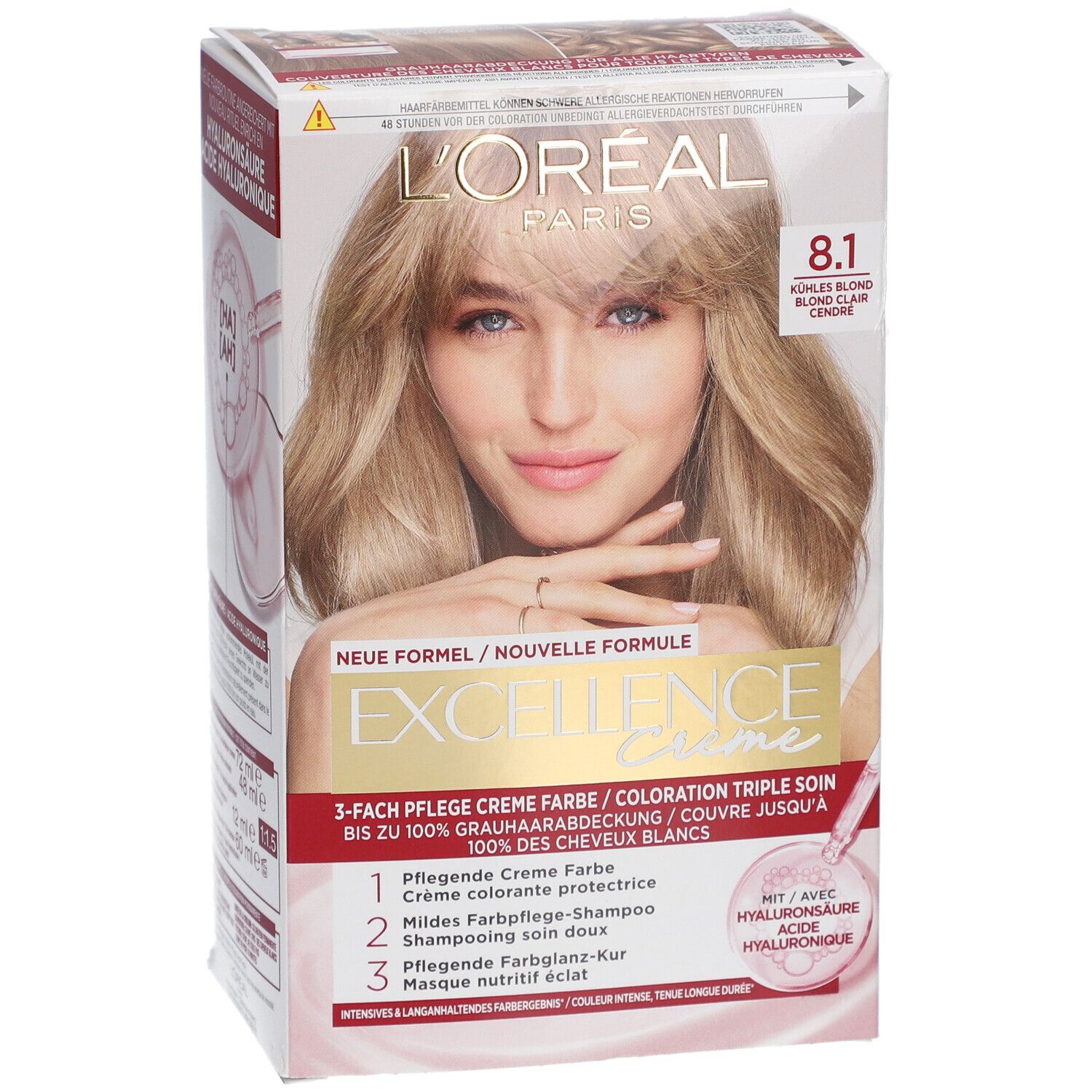 L'Oréal Paris Excellence Crème 8.1. Verpackung mit Frau, blonde Haare. 3-fach Pflege, Creme Farbe, Shampoo, Maske. Mit Hyaluronsäure.
