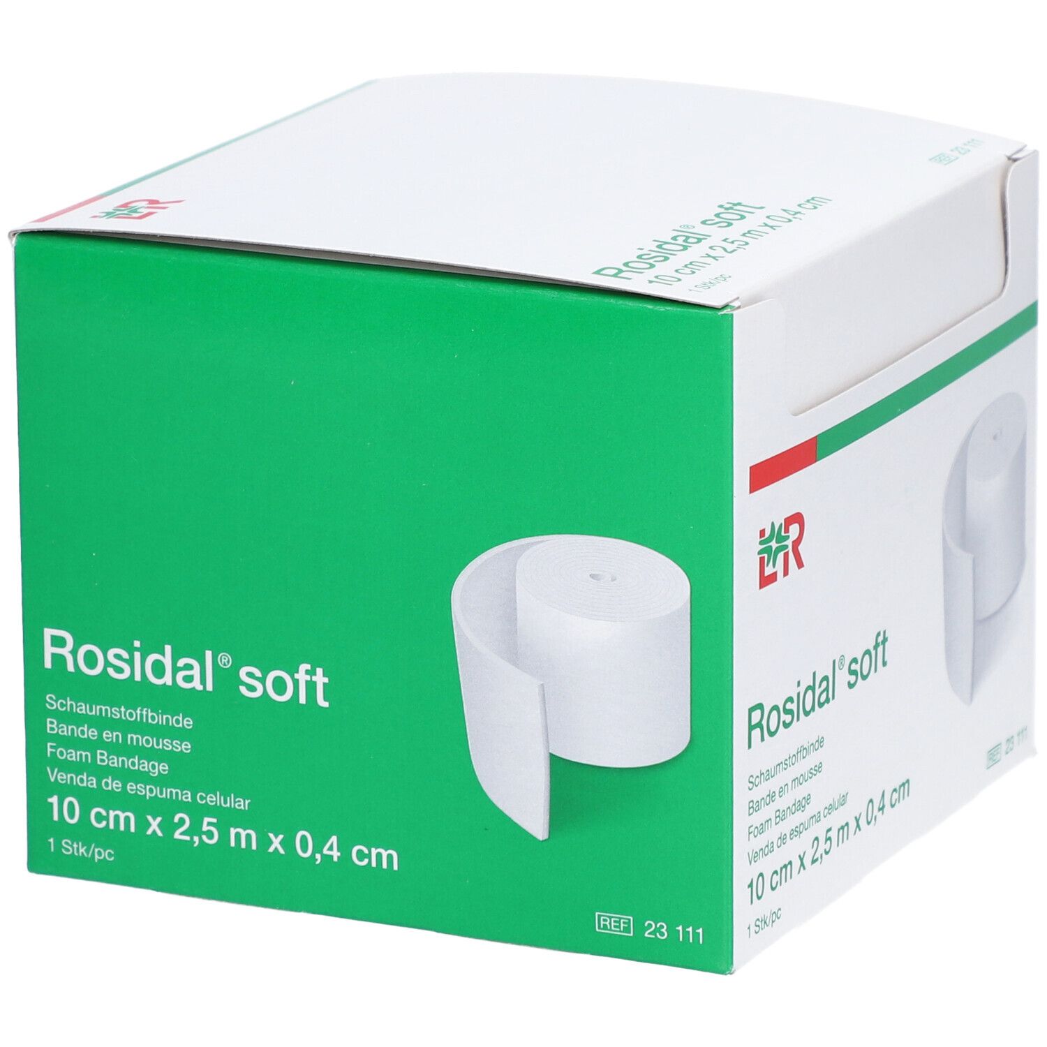 Emballage avec bande de mousse blanche. Vert et blanc. Inscription : Rosidal soft, 10 cm x 2,5 m x 0,4 cm. Logo L&R.
